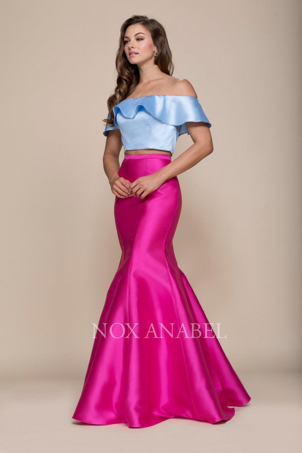 Long Two Piece Crop Top Off The Shoulder Prom Dress - The Dress Outlet Nox Anabel