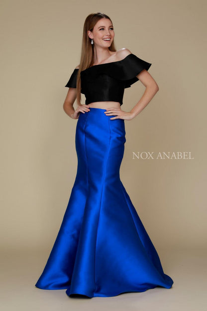 Long Two Piece Crop Top Off The Shoulder Prom Dress - The Dress Outlet Nox Anabel