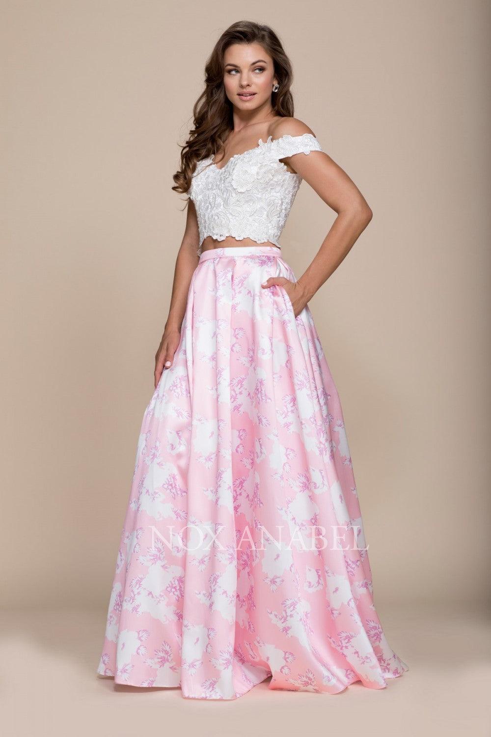 Long Two Piece Floral Print Prom Dress - The Dress Outlet Nox Anabel