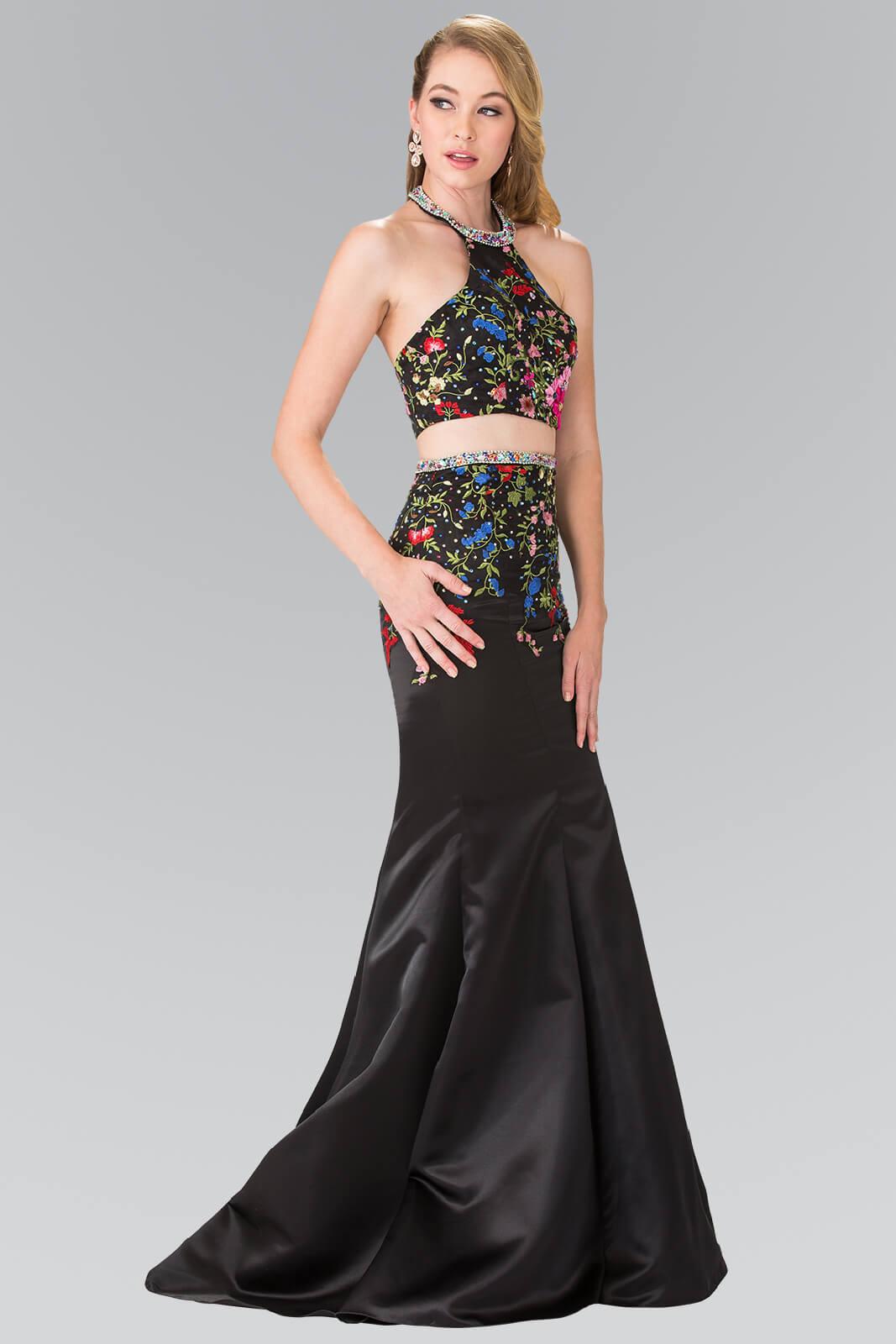 two piece floral mermaid prom dress GLS Long Two Piece Halter Mermaid Prom Gown - White - XL