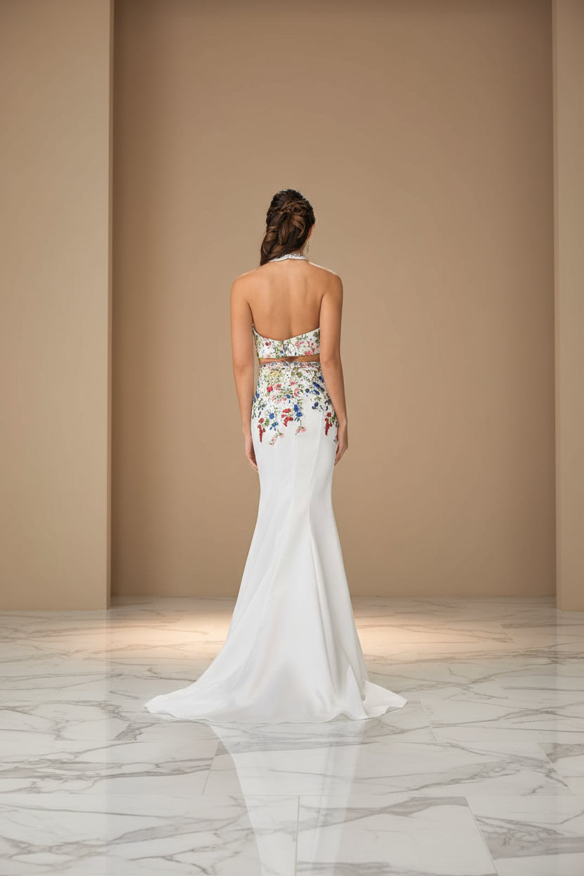 GLS Long Two Piece Halter Mermaid Prom Gown - White - XL - Floral Embroidery GLS Long Two Piece Halter Mermaid Prom Gown - White - XL - Floral Embroidery