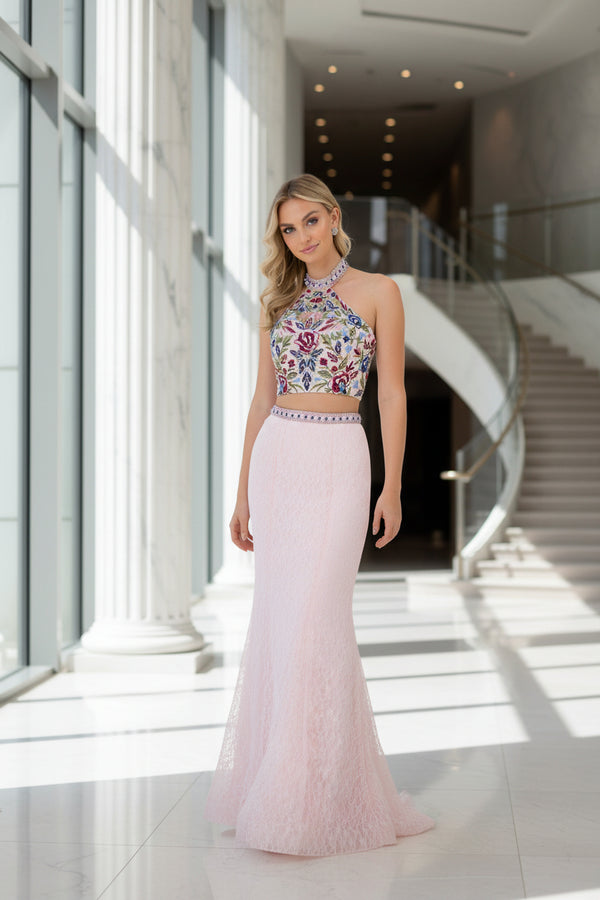 Long Two Piece Halter Prom Dress Evening Gown