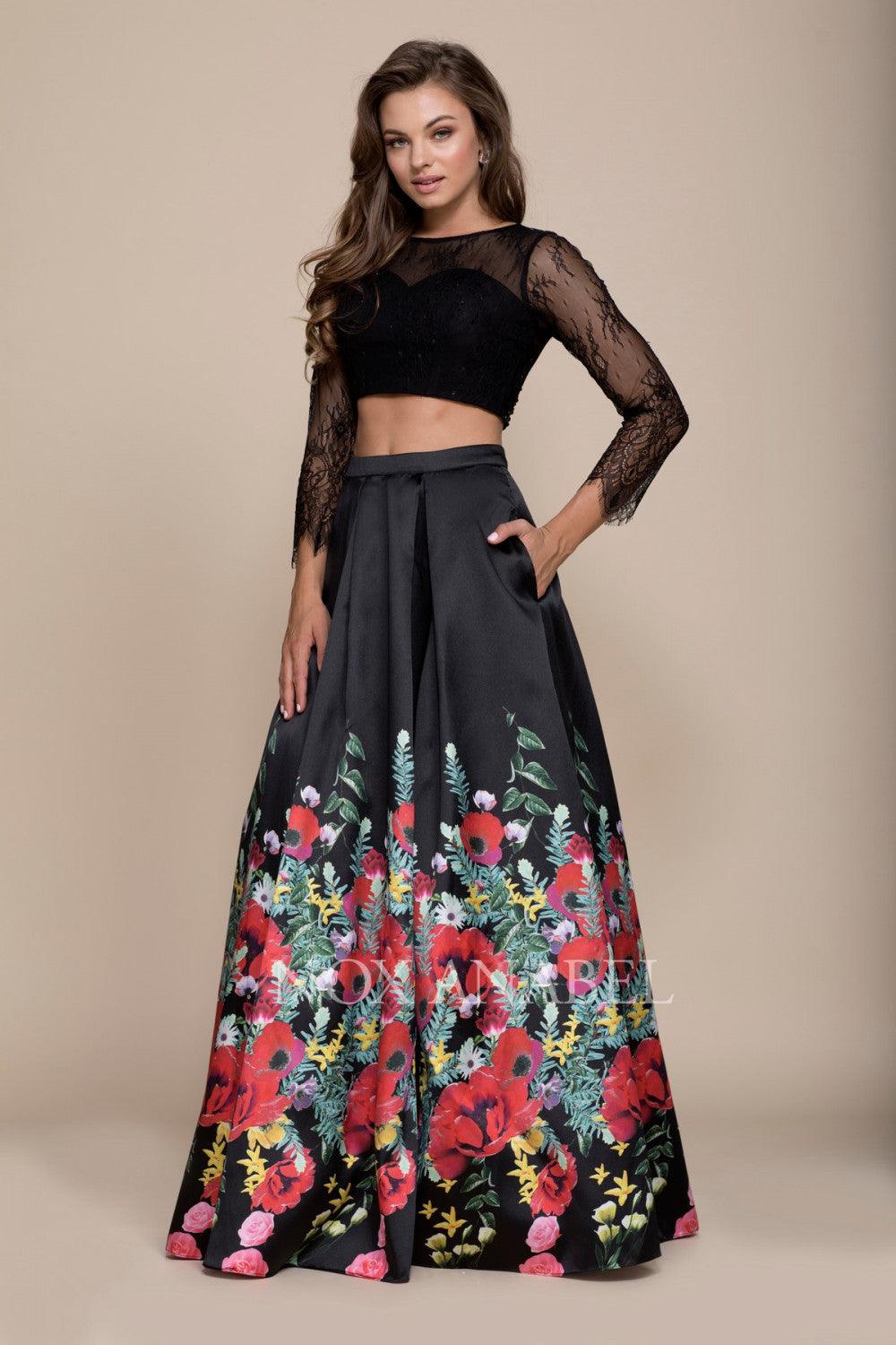 Long Two Piece Lace Crop Top Prom Dress - The Dress Outlet Nox Anabel