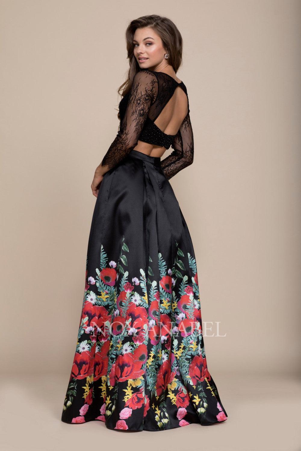 Long Two Piece Lace Crop Top Prom Dress - The Dress Outlet Nox Anabel