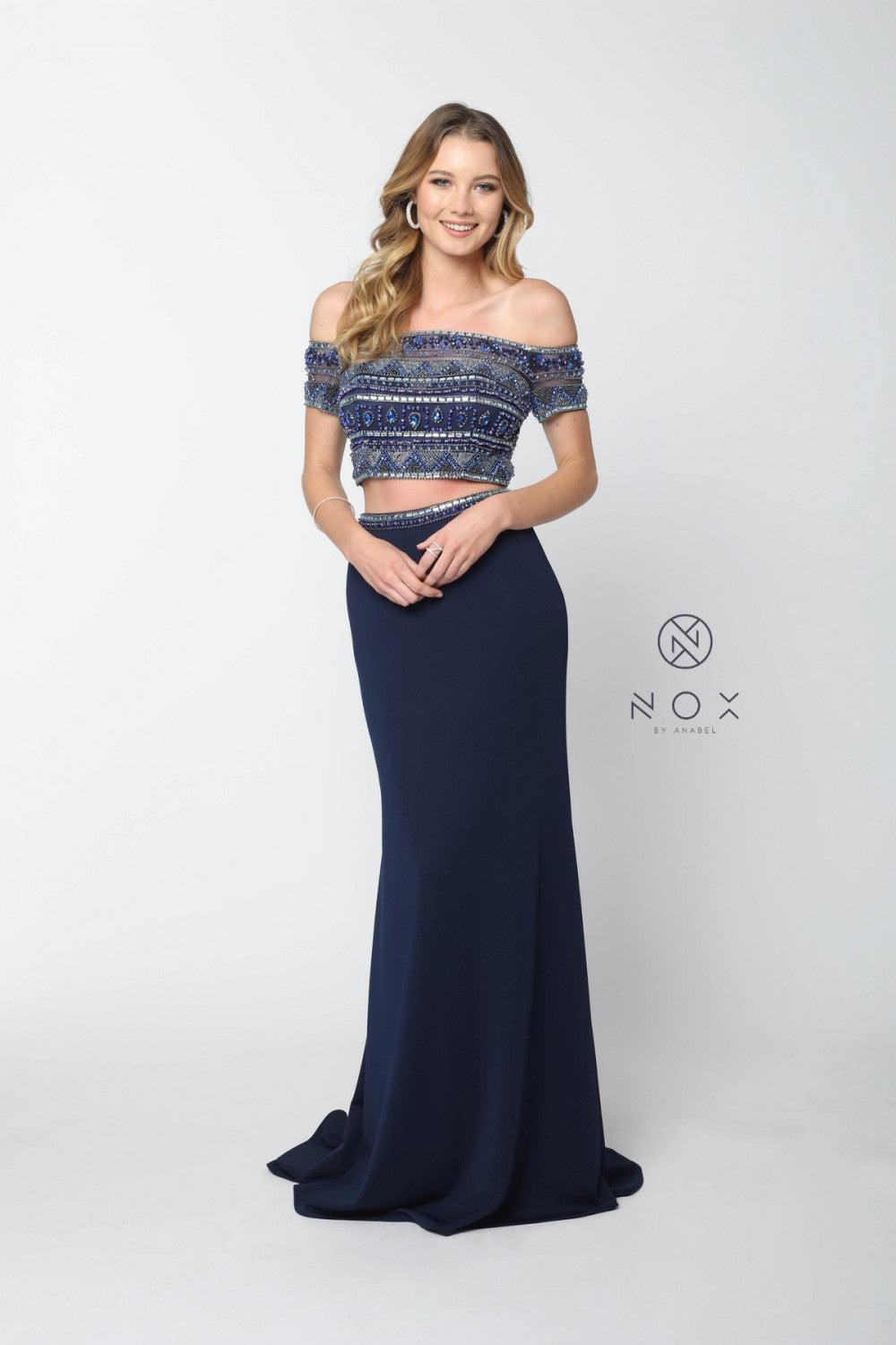 Long Two Piece Off The Shoulder Beaded Prom Dress - The Dress Outlet Nox Anabel