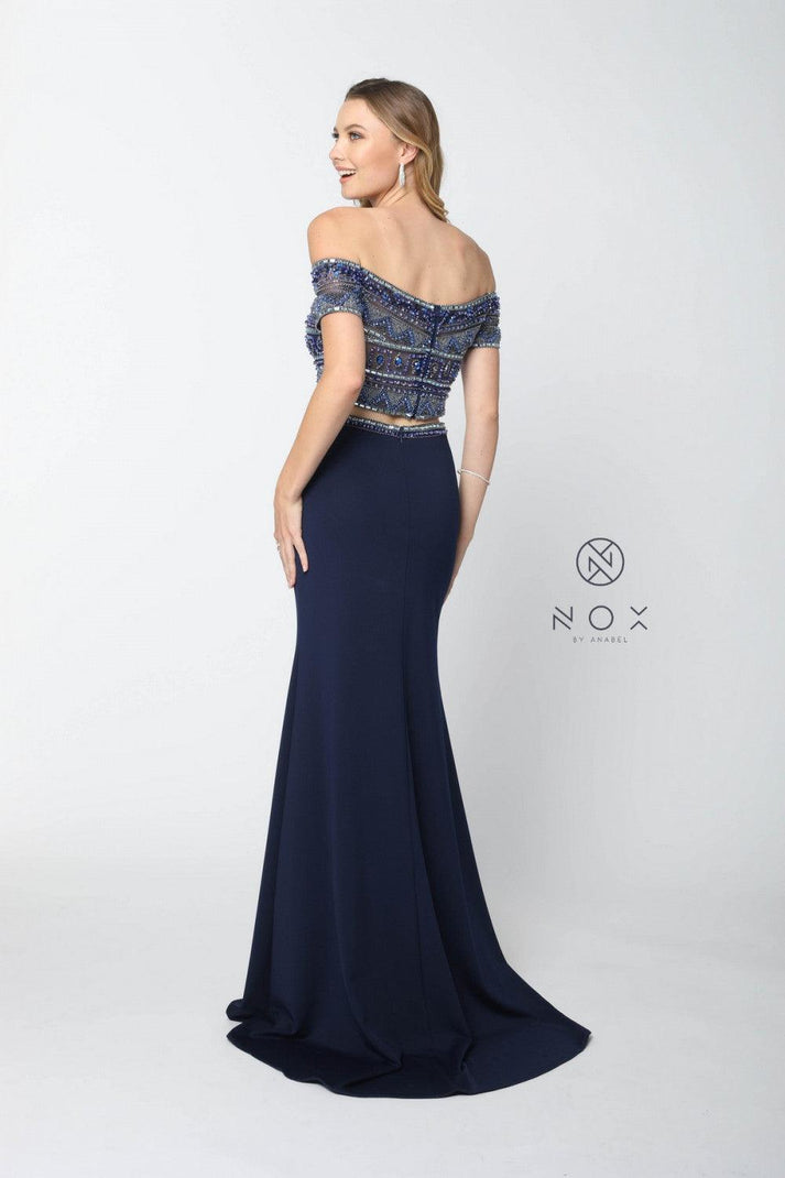 A Line Two Piece Off the Shoulder Printed Chiffon Prom Dress with Appliques Beading LBQ3301 main image 1