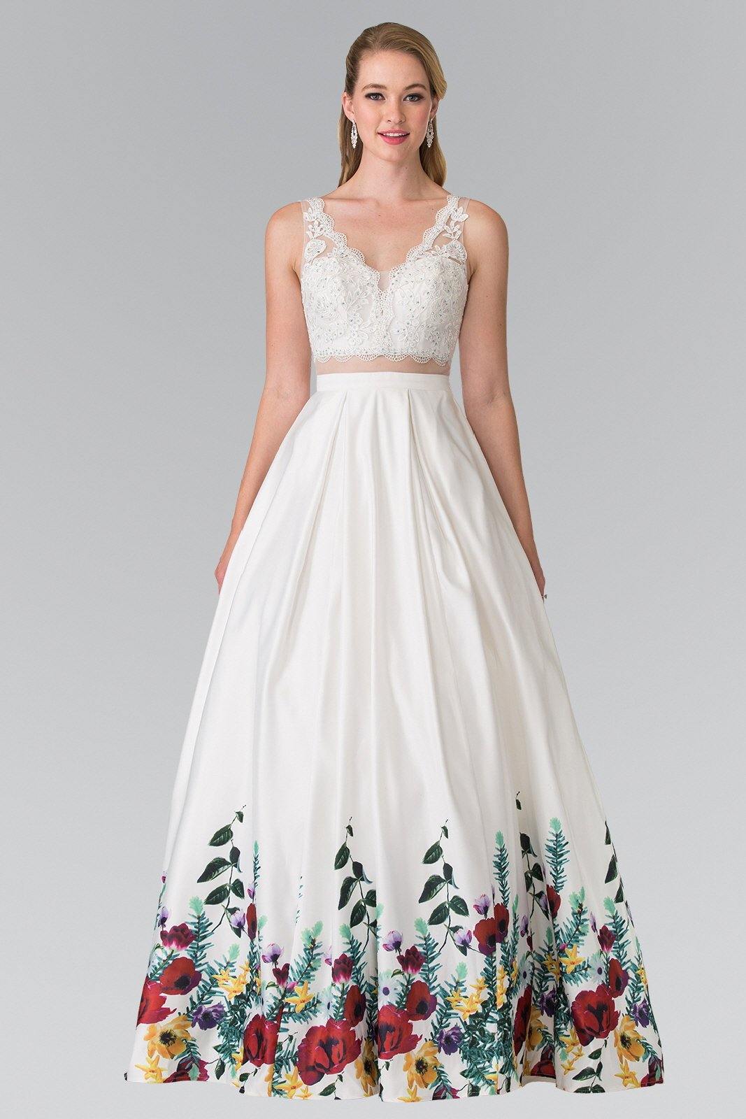 Long V-Neck A-Line Print Prom Dress - The Dress Outlet Elizabeth K