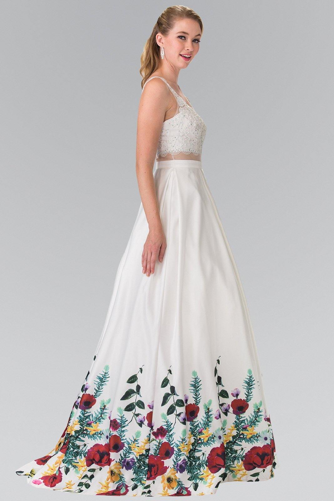 Long V-Neck A-Line Print Prom Dress - The Dress Outlet Elizabeth K