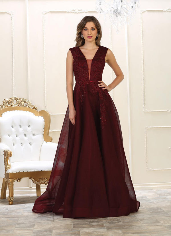 Long V Neck Evening Prom Dress Ball Gown