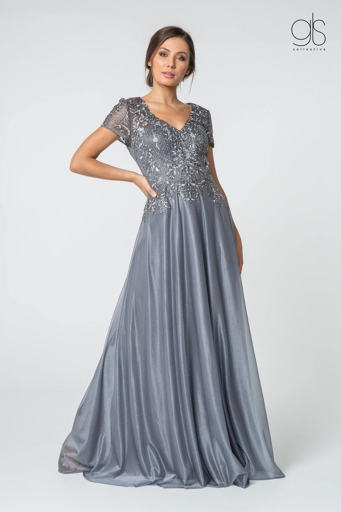 Silver Long V-neck Mother of the Bride Lace Chiffon Gown Formal ...