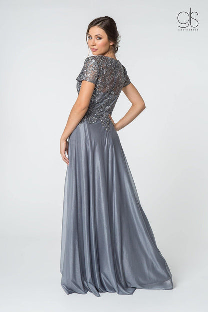 Long V-neck Mother of the Bride Lace Chiffon Gown Formal - The Dress Outlet Elizabeth K