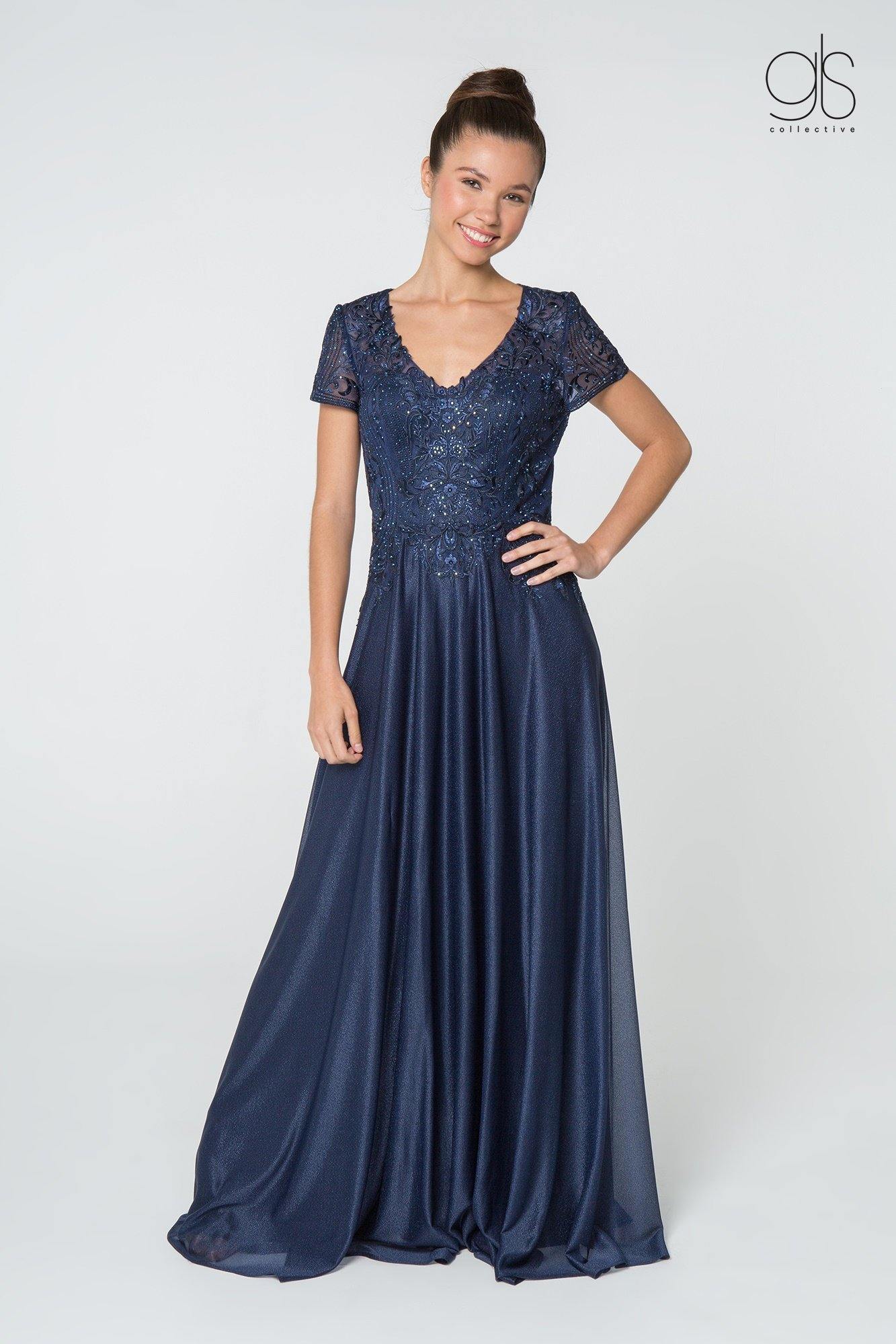 Long V-neck Mother of the Bride Lace Chiffon Gown Formal - The Dress Outlet Elizabeth K