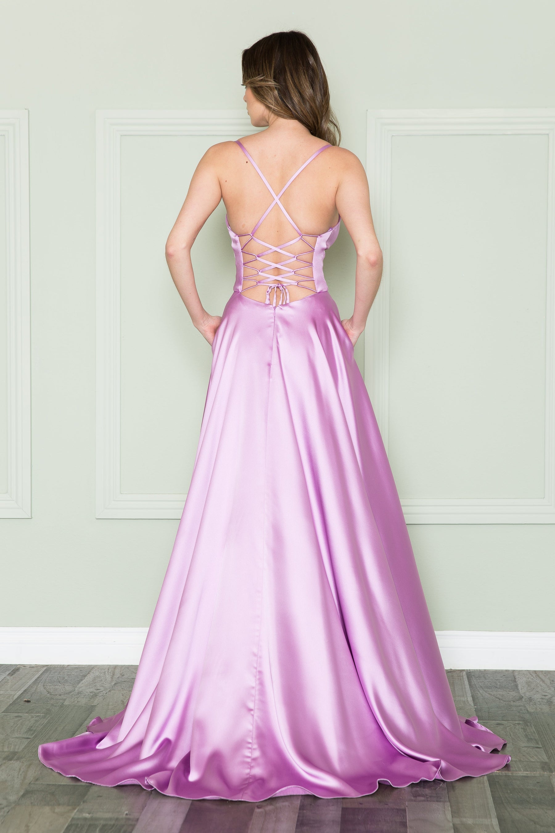 Lilac V-Neck Floor-Length Satin Prom Dress with Side Slit Poly USA 8908