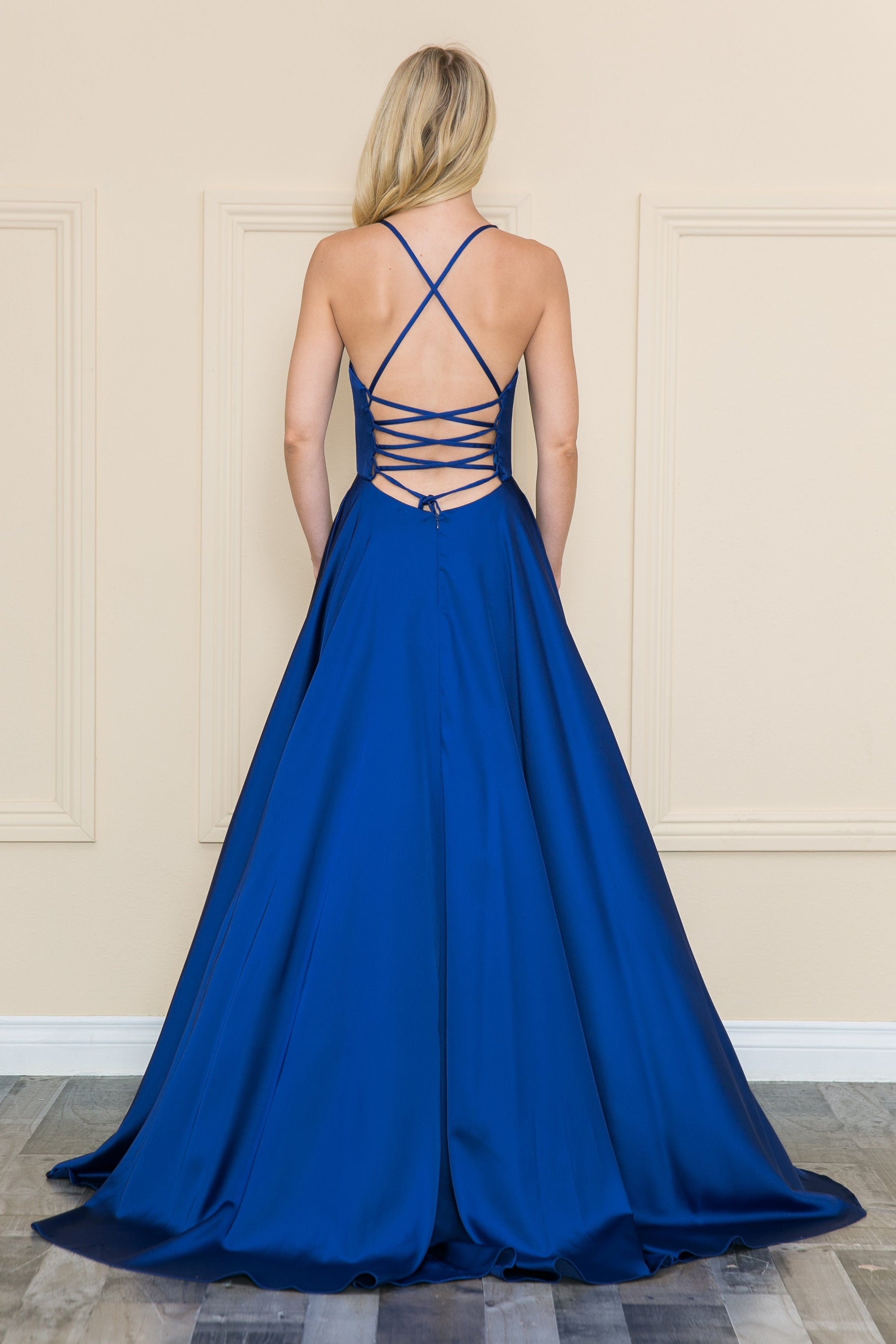 Navy V-Neck Floor-Length Satin Prom Dress with Side Slit Poly USA 8908