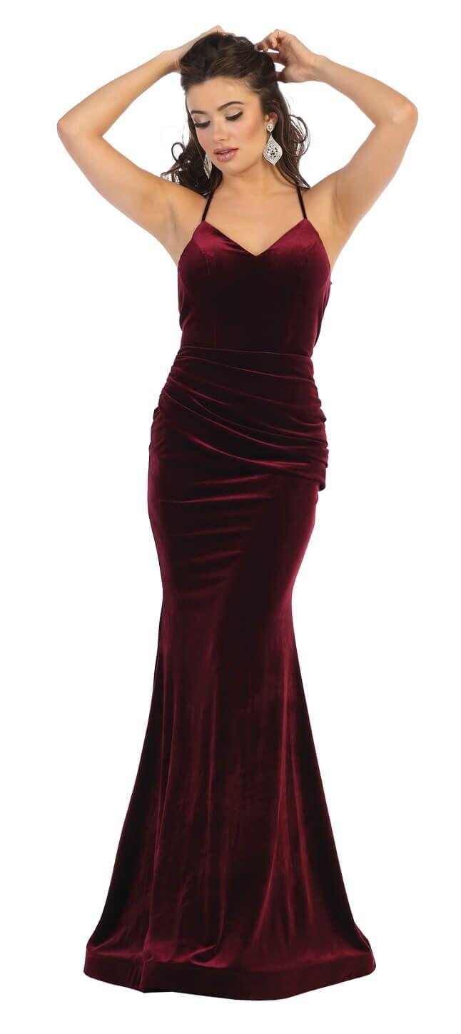 Long Velvet Formal Halter Prom Dress Evening Gown - The Dress Outlet May Queen