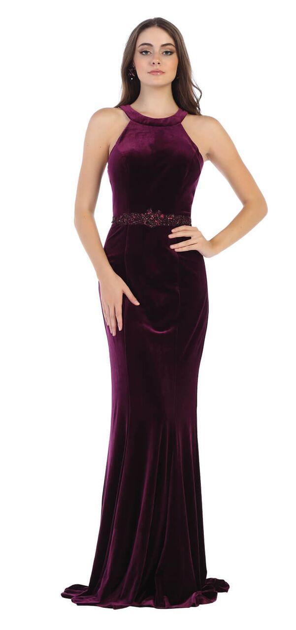 Long Velvet Halter Neck Prom Dress Formal Evening Gown - The Dress Outlet May Queen