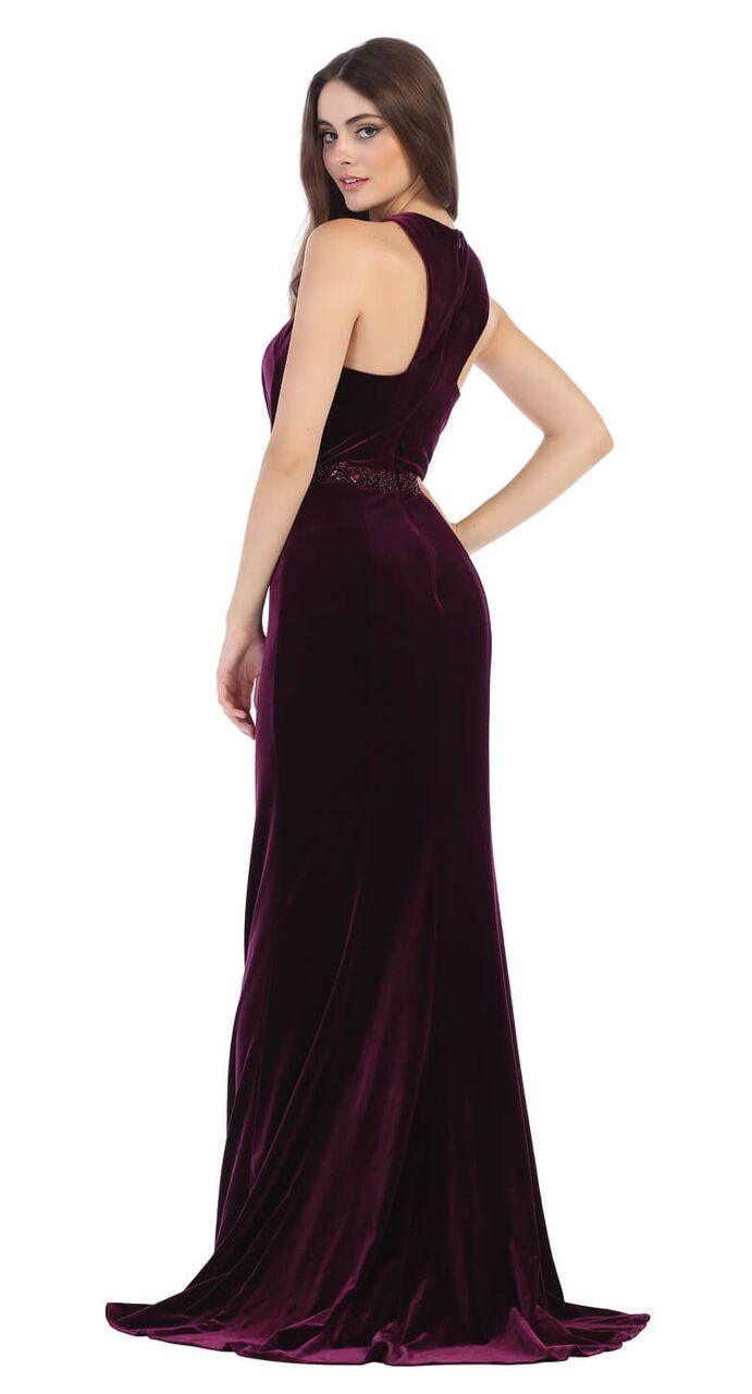 Long Velvet Halter Neck Prom Dress Formal Evening Gown - The Dress Outlet May Queen