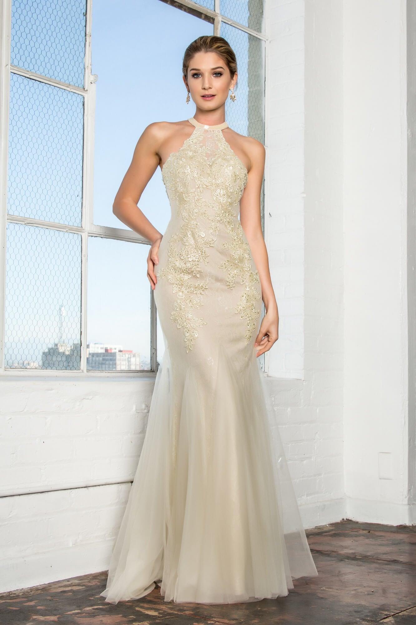 slim fit dress slacks Embroidered Halter Neck Satin Mermaid Wedding Dress with Bow Detail main image 0