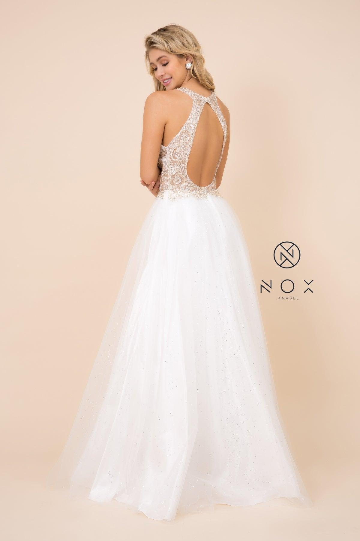 White Gold Long Formal Gown Sexy Halter Prom Dress White Gold