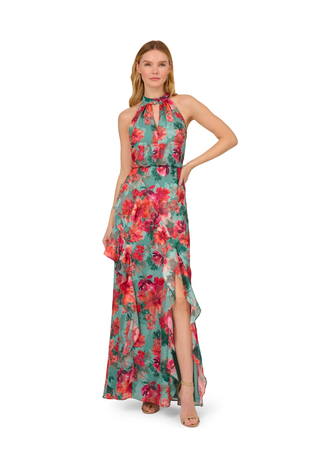 Turquoise Multi Adrianna Papell AP1E211060 Halter Floor-Length Chiffon Formal Dress High Slit