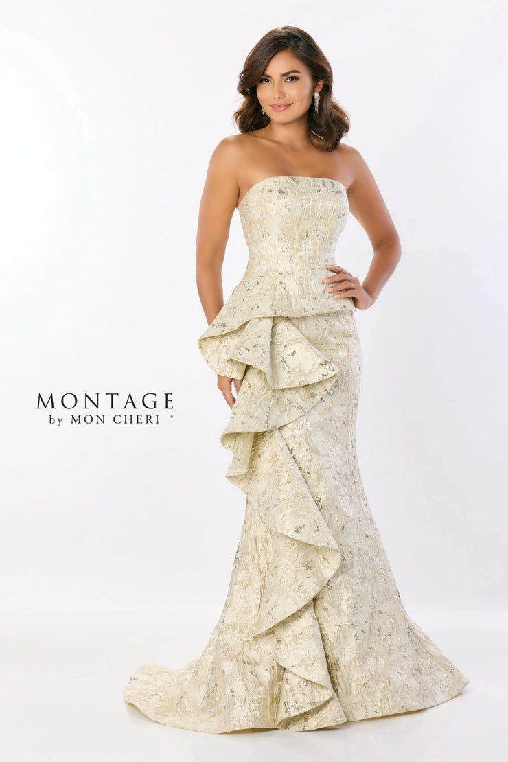 Montage M2225 Ruffle Detail Long Formal Mermaid Gown Metallic Evening Dress