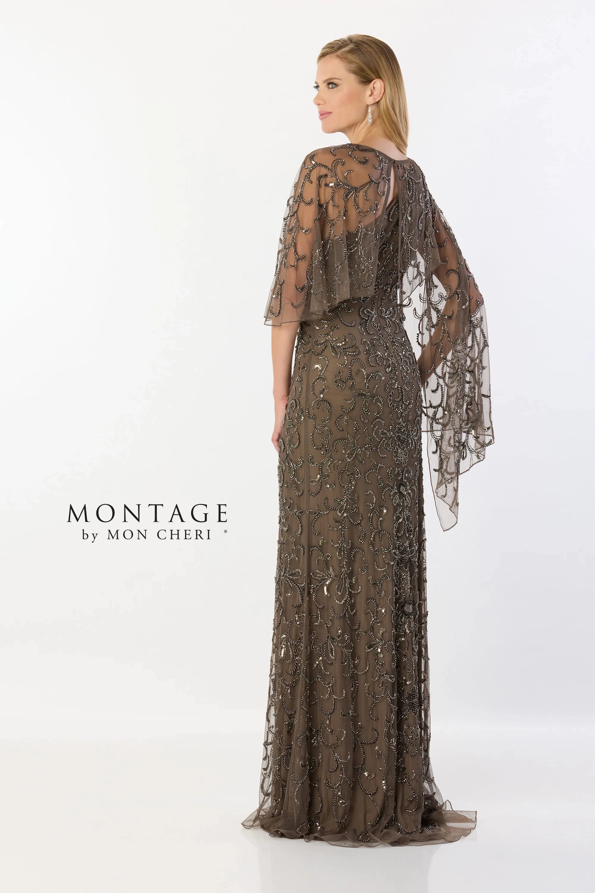 Montage M2241 Long Formal Beaded Sequin Evening Capelet Dress