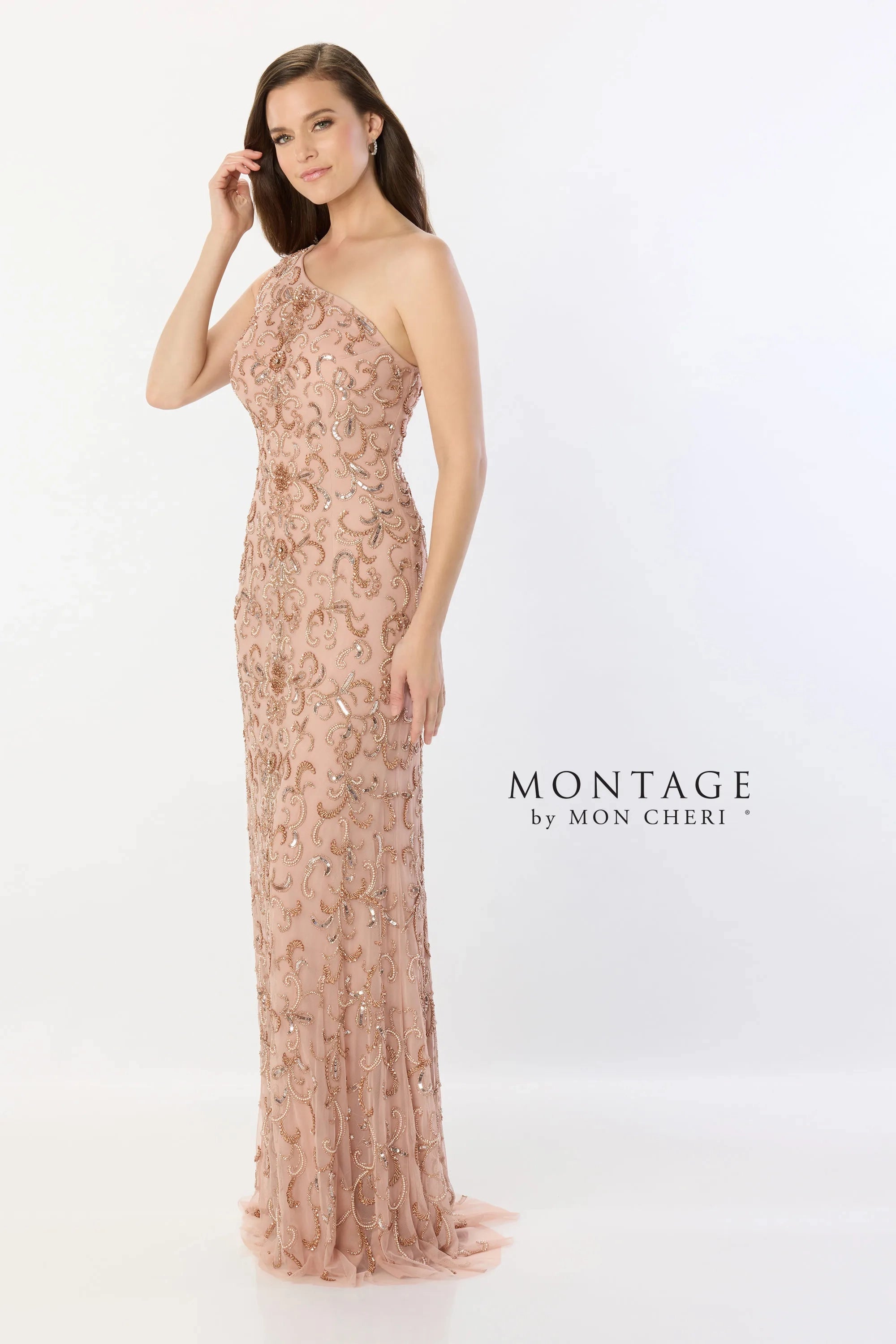 Formal Dresses Long Formal Beaded Sequin Evening Capelet Dress Rose Gold