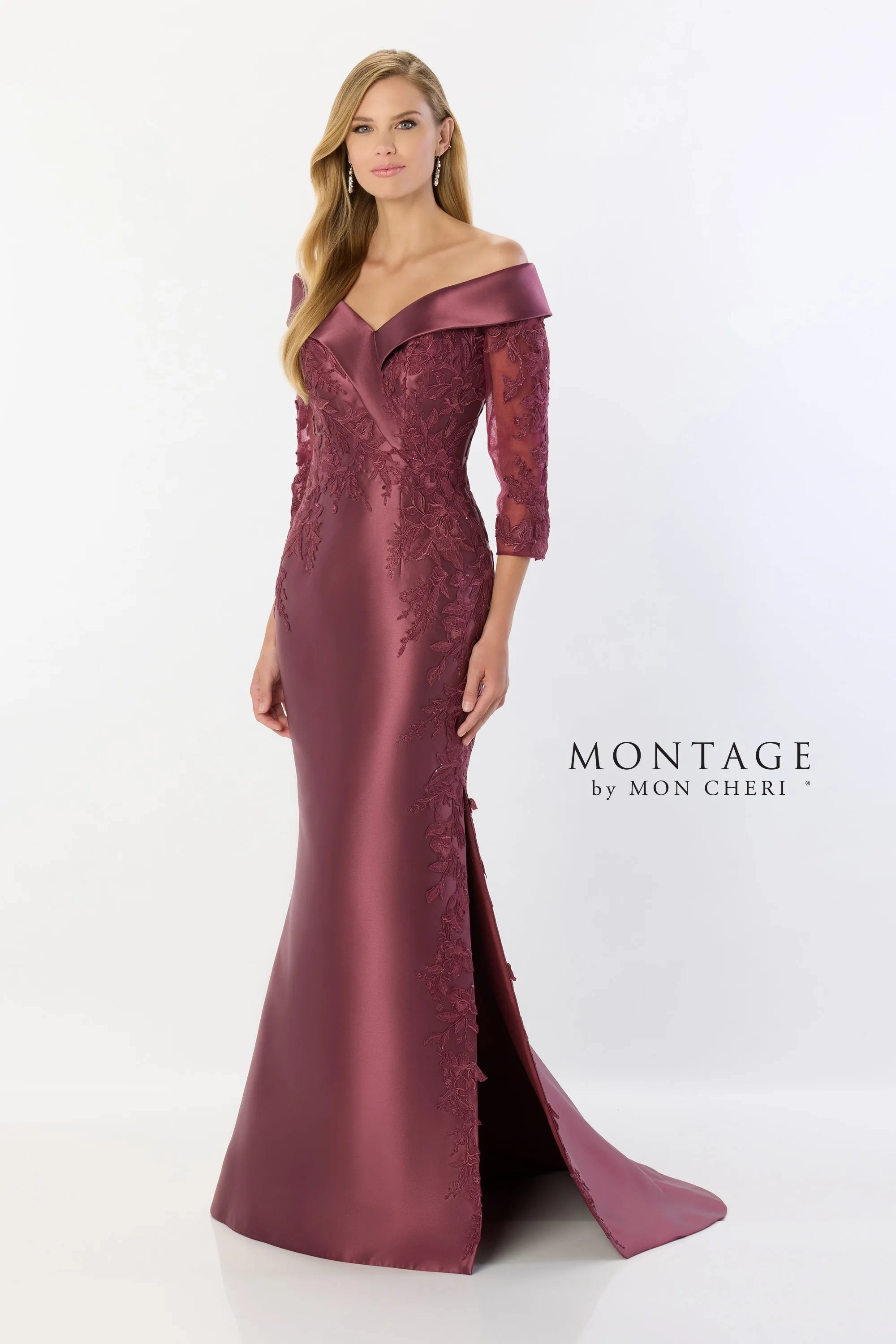 Montage M2243 Lace Applique Long Removable Sleeve Formal Dress