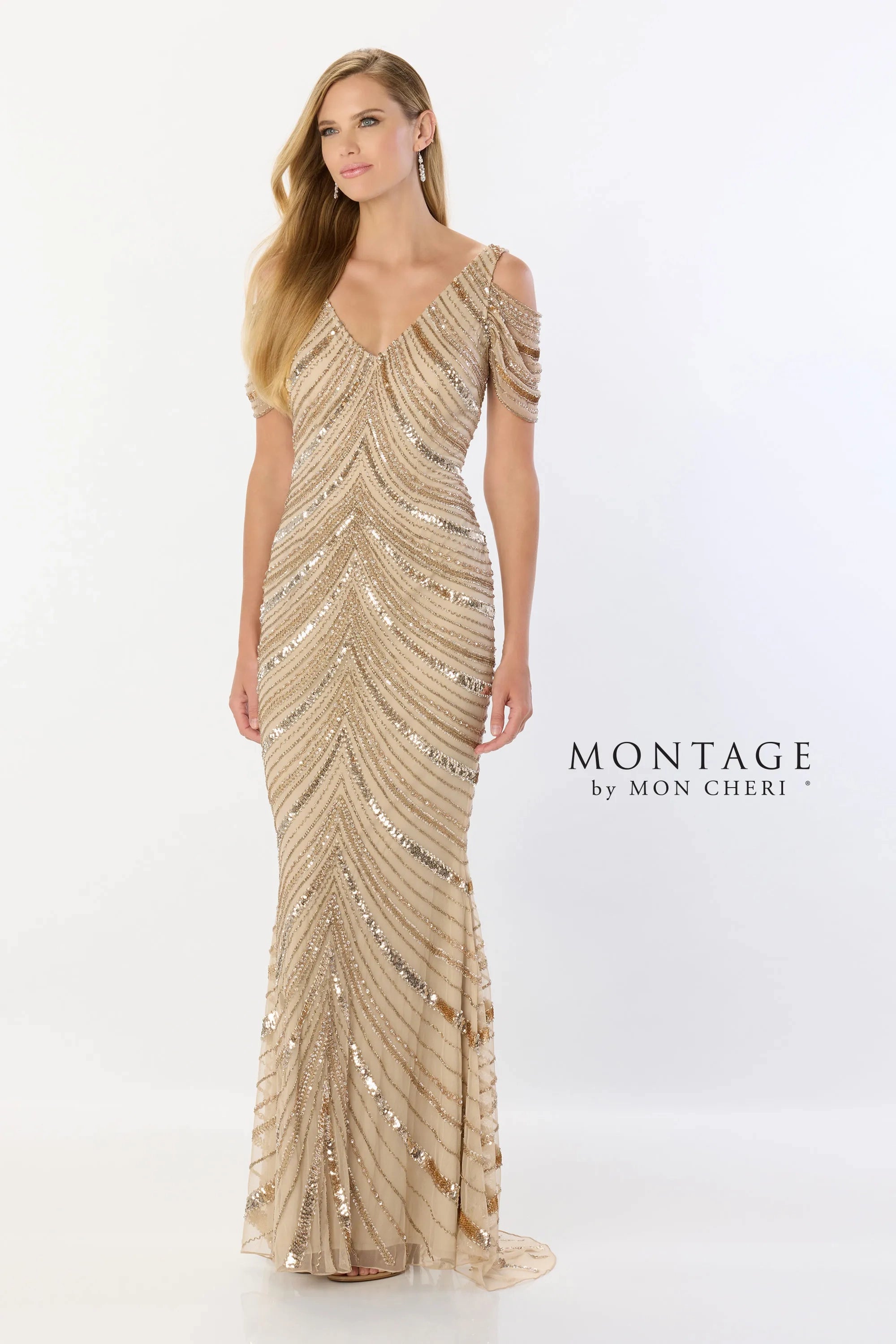 Formal Dresses Long Fitted Sequin Detachable Sleeve Formal Dress Champagne