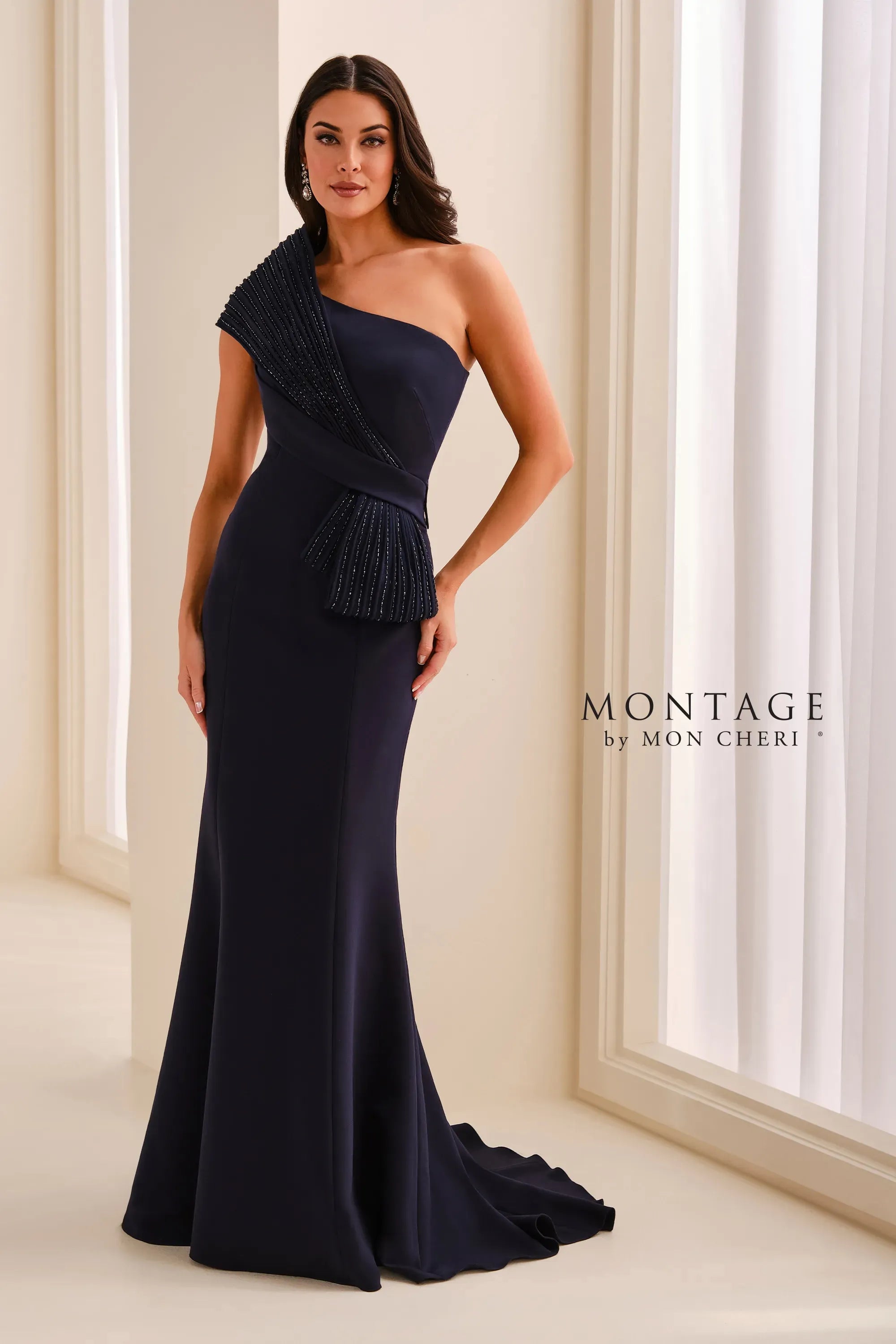 One-Shoulder Floor-Length Crepe Formal Sheath/Column Montage M3211