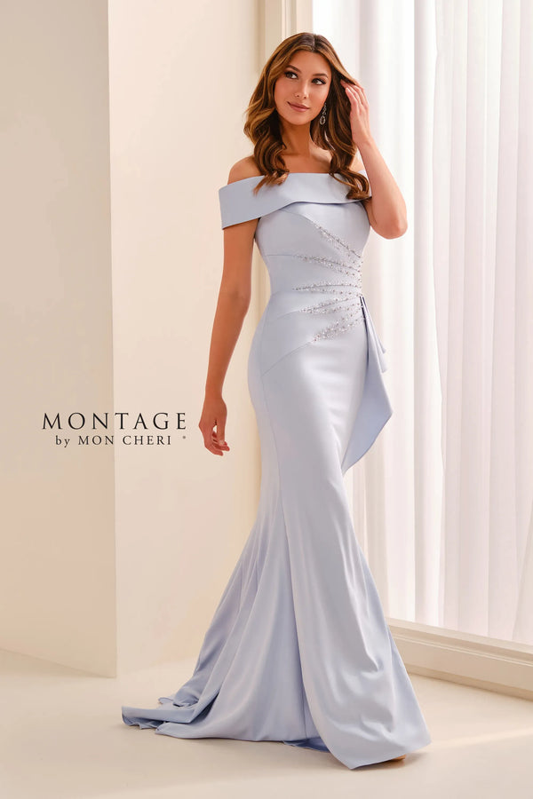 Off-the-Shoulder Floor-Length Crepe Formal Mermaid Dress Montage M3213