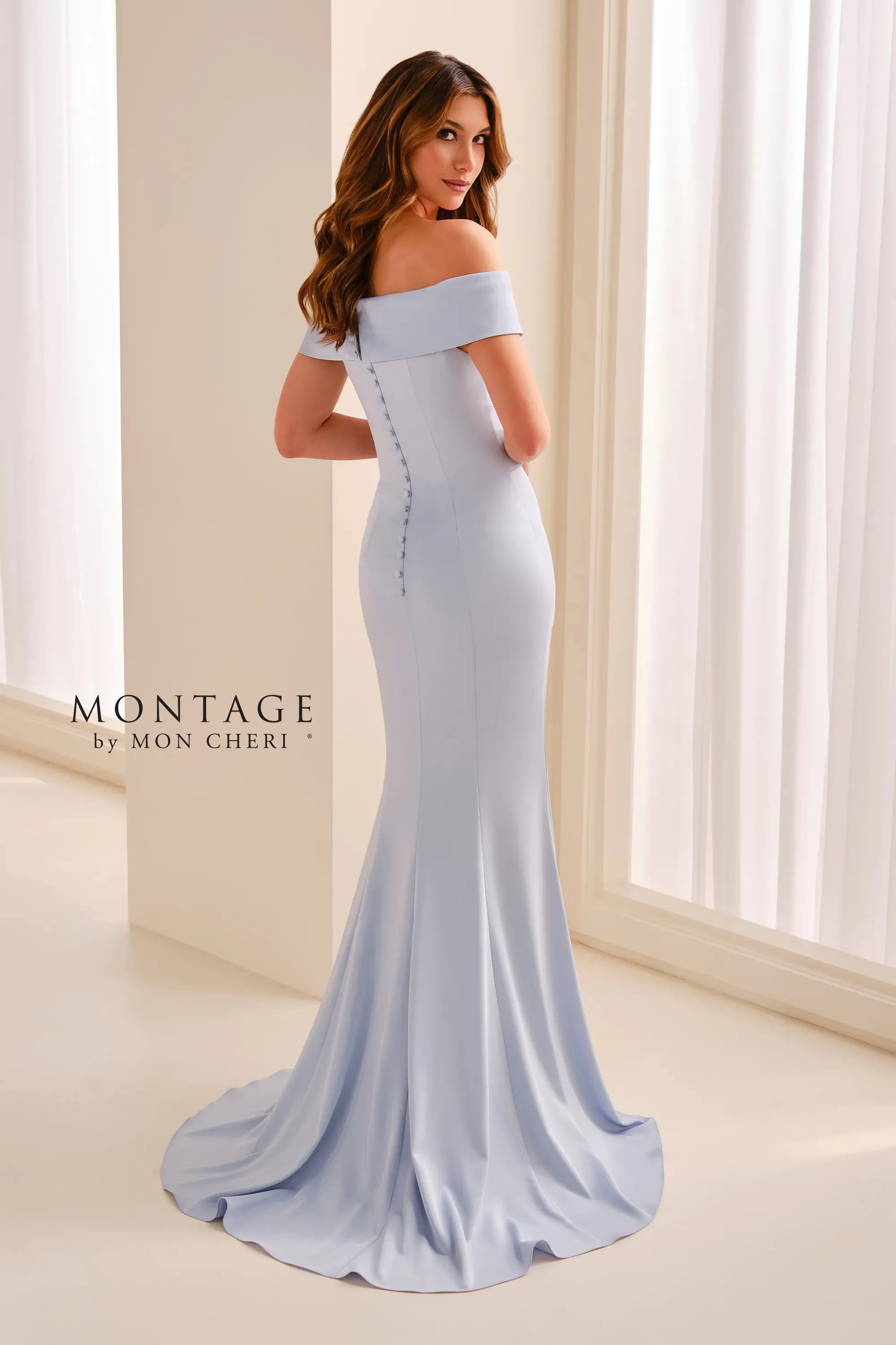 Off-the-Shoulder Floor-Length Crepe Formal Mermaid Dress Montage M3213