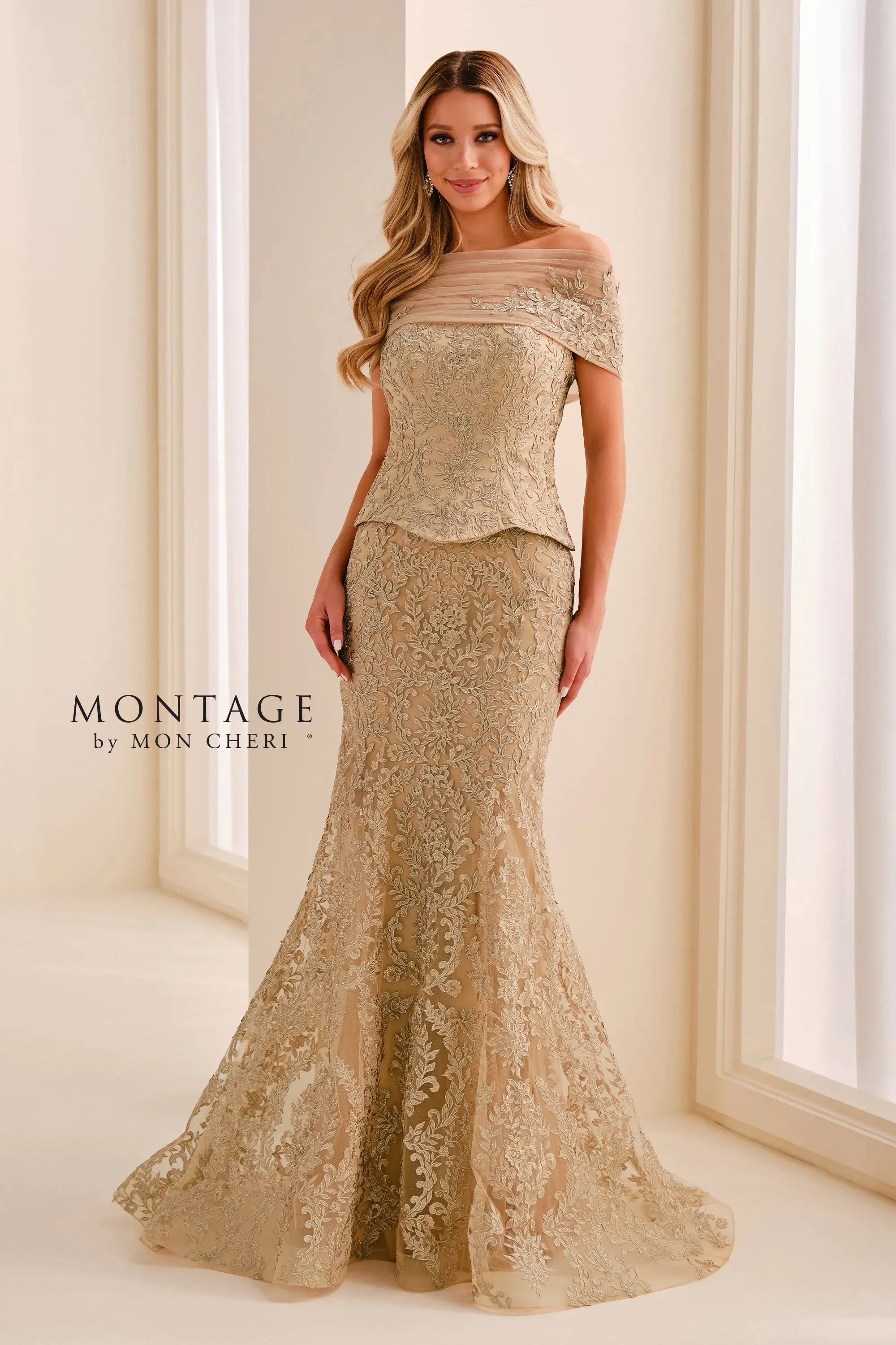 Off-the-Shoulder Floor-Length Lace Formal Mermaid Dress Montage M3218