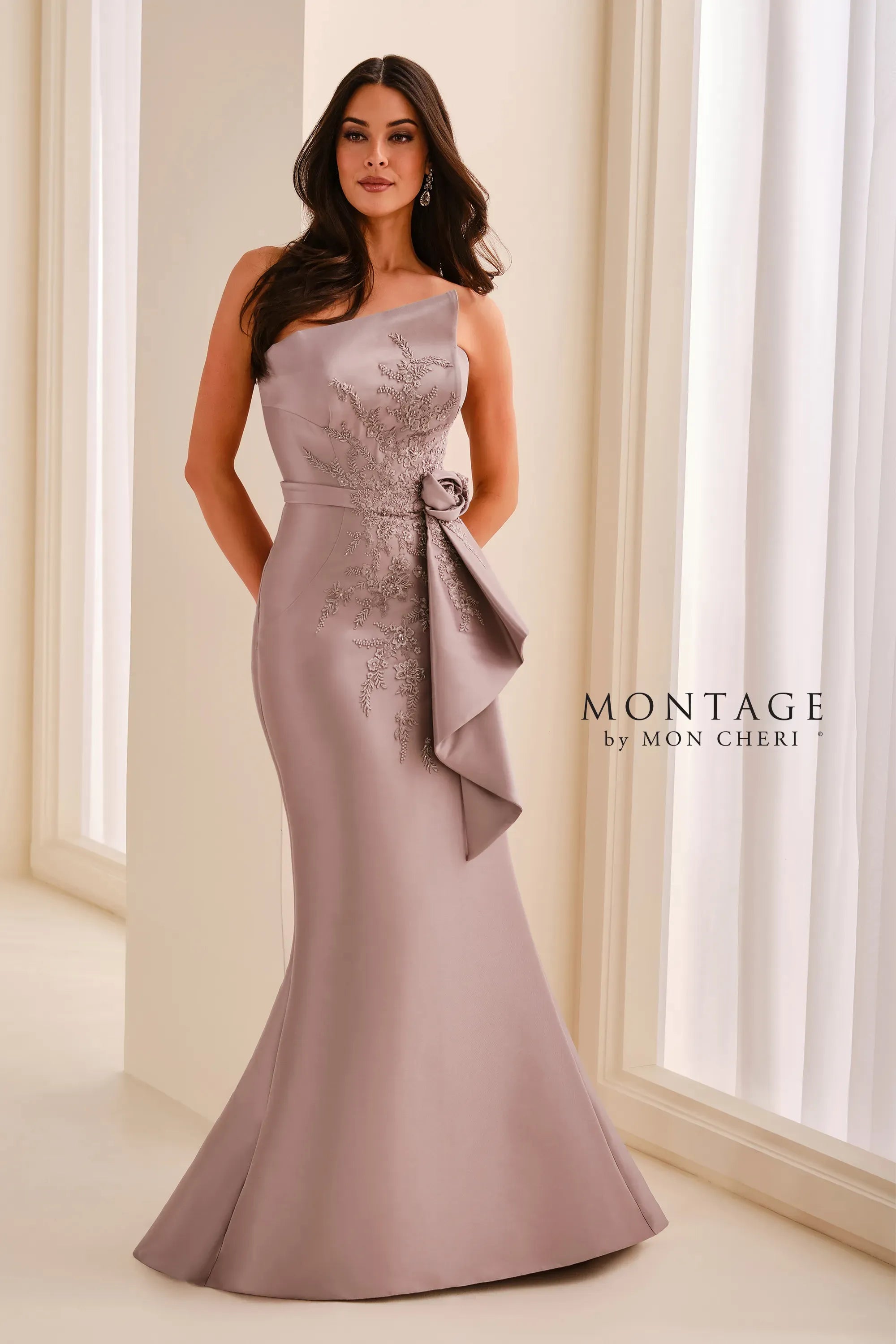 One-Shoulder Floor-Length Satin Formal Sheath Column Montage M3219
