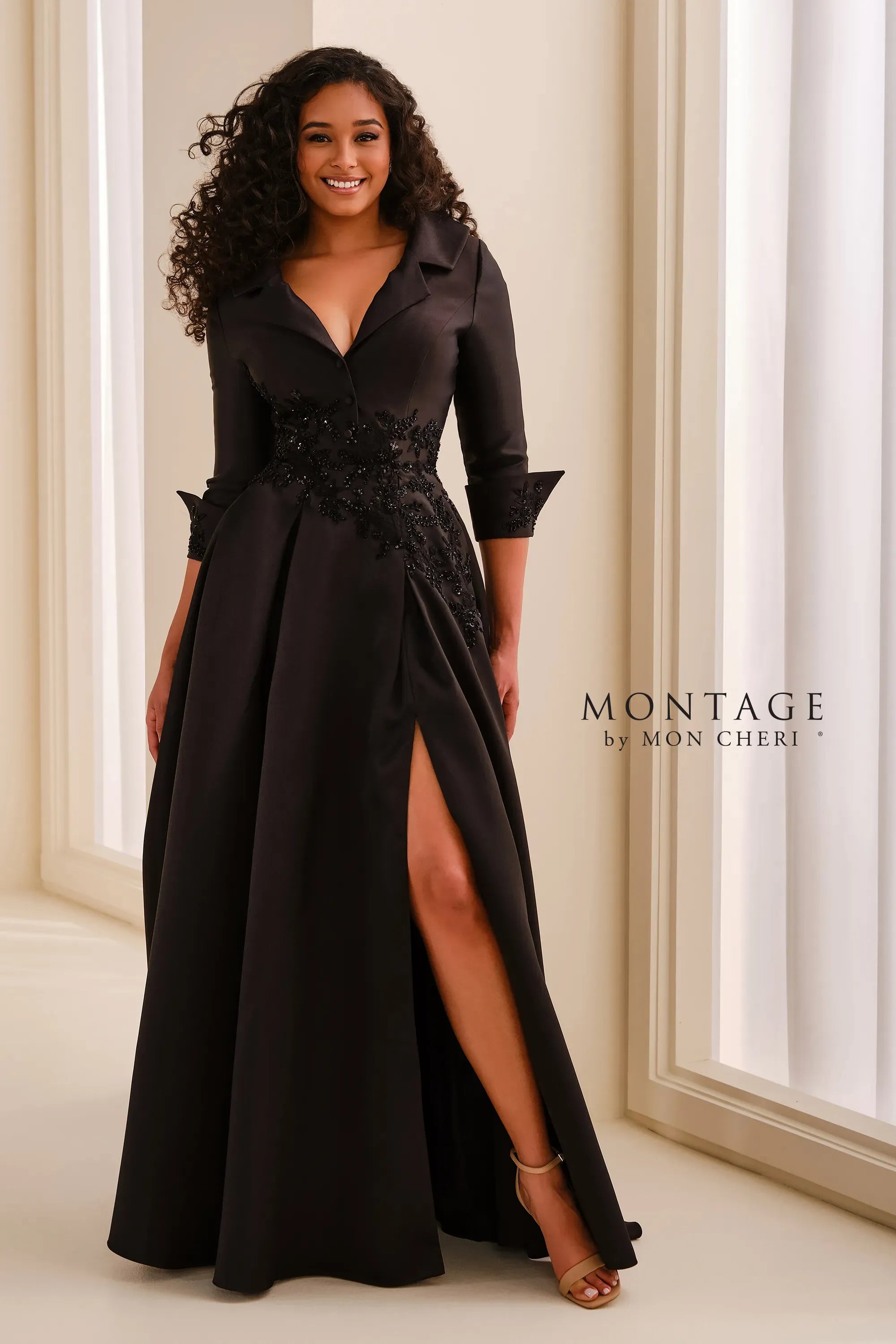 V-Neck Floor-Length Satin Formal A-Line Montage M3220