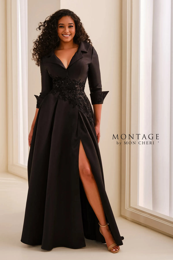V-Neck Floor-Length Satin Formal A-Line Montage M3220
