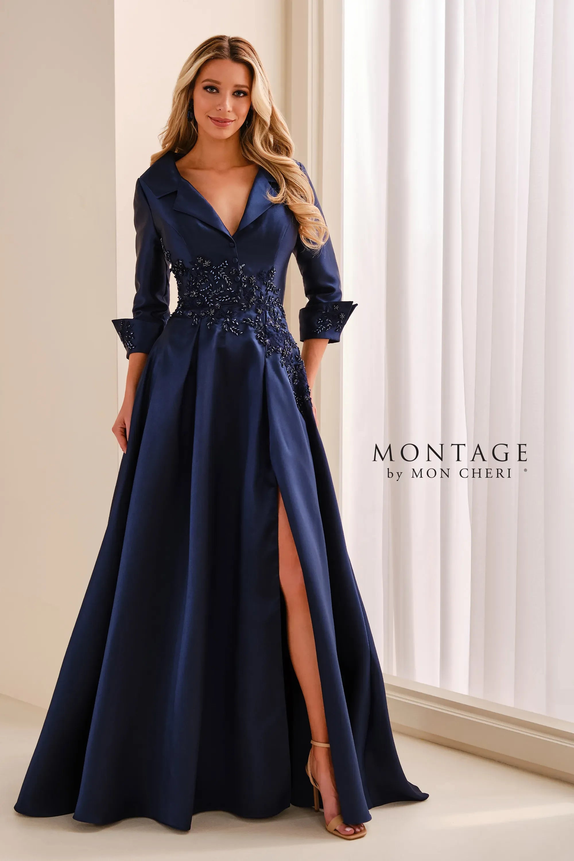 V-Neck Floor-Length Satin Formal A-Line Montage M3220
