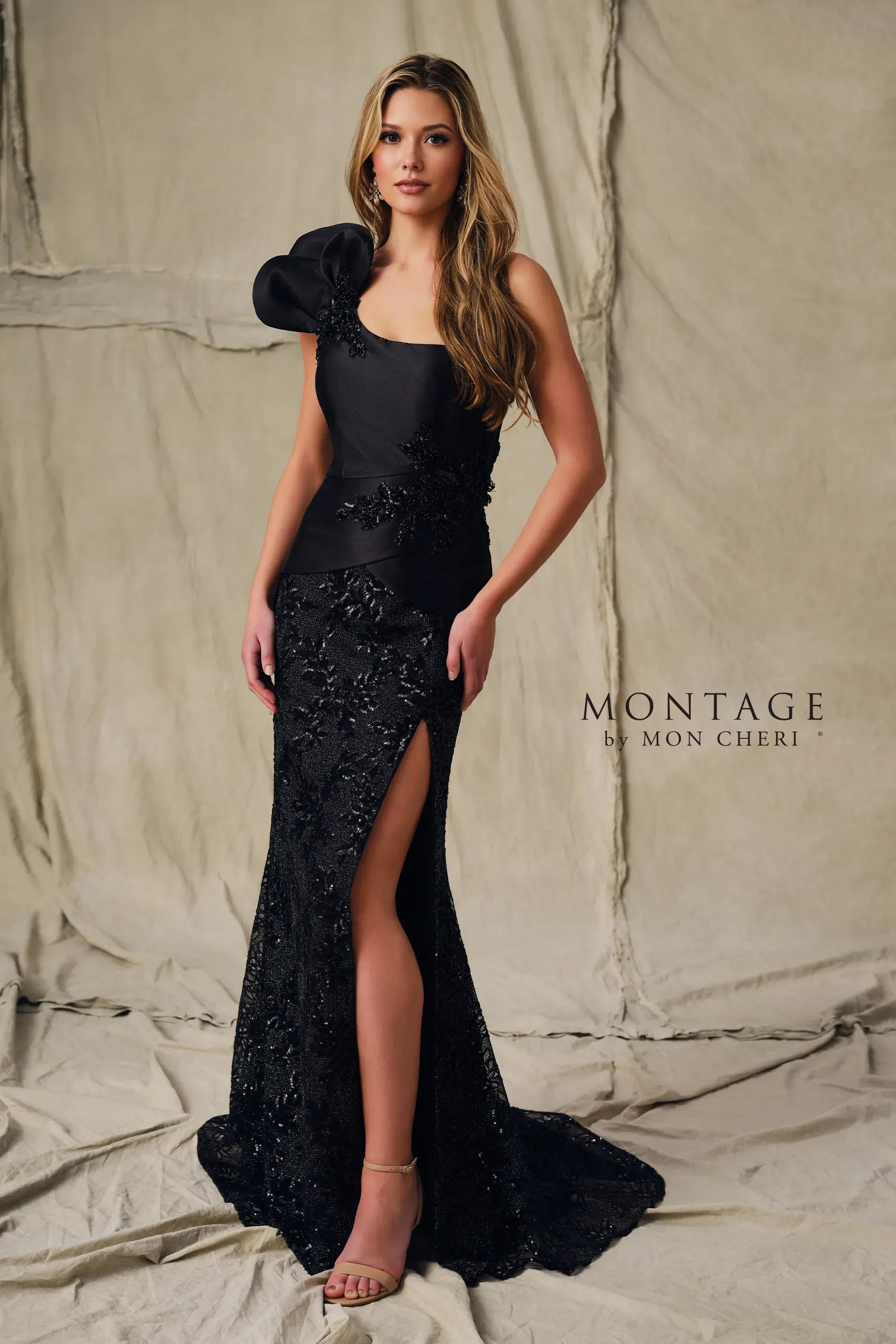 One-Shoulder Floor-Length Satin Formal Sheath/Column Montage M3223