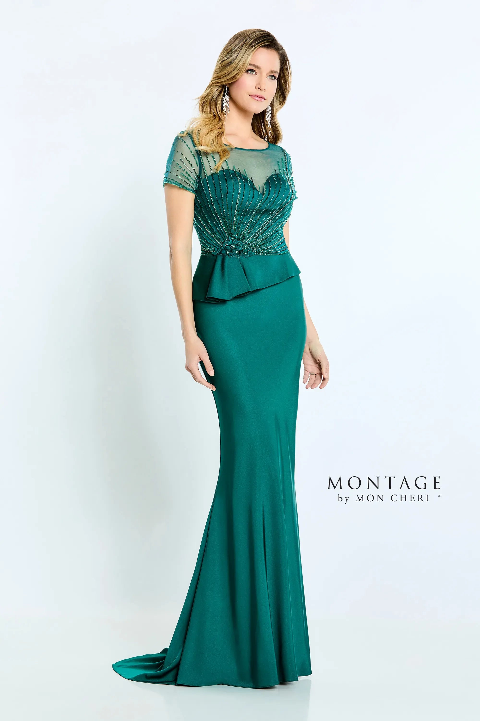 Montage M500 Beaded Long Formal Pleated Peplum Dress - Emerald / 18W Montage M500 Beaded Long Formal Pleated Peplum Dress - Emerald / 18W