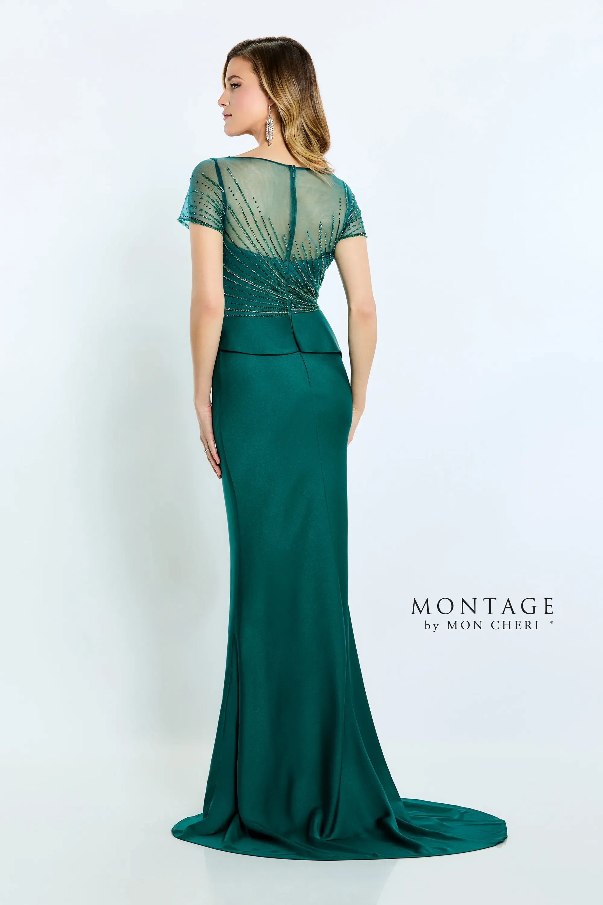 Montage M500 Beaded Long Formal Pleated Peplum Dress
