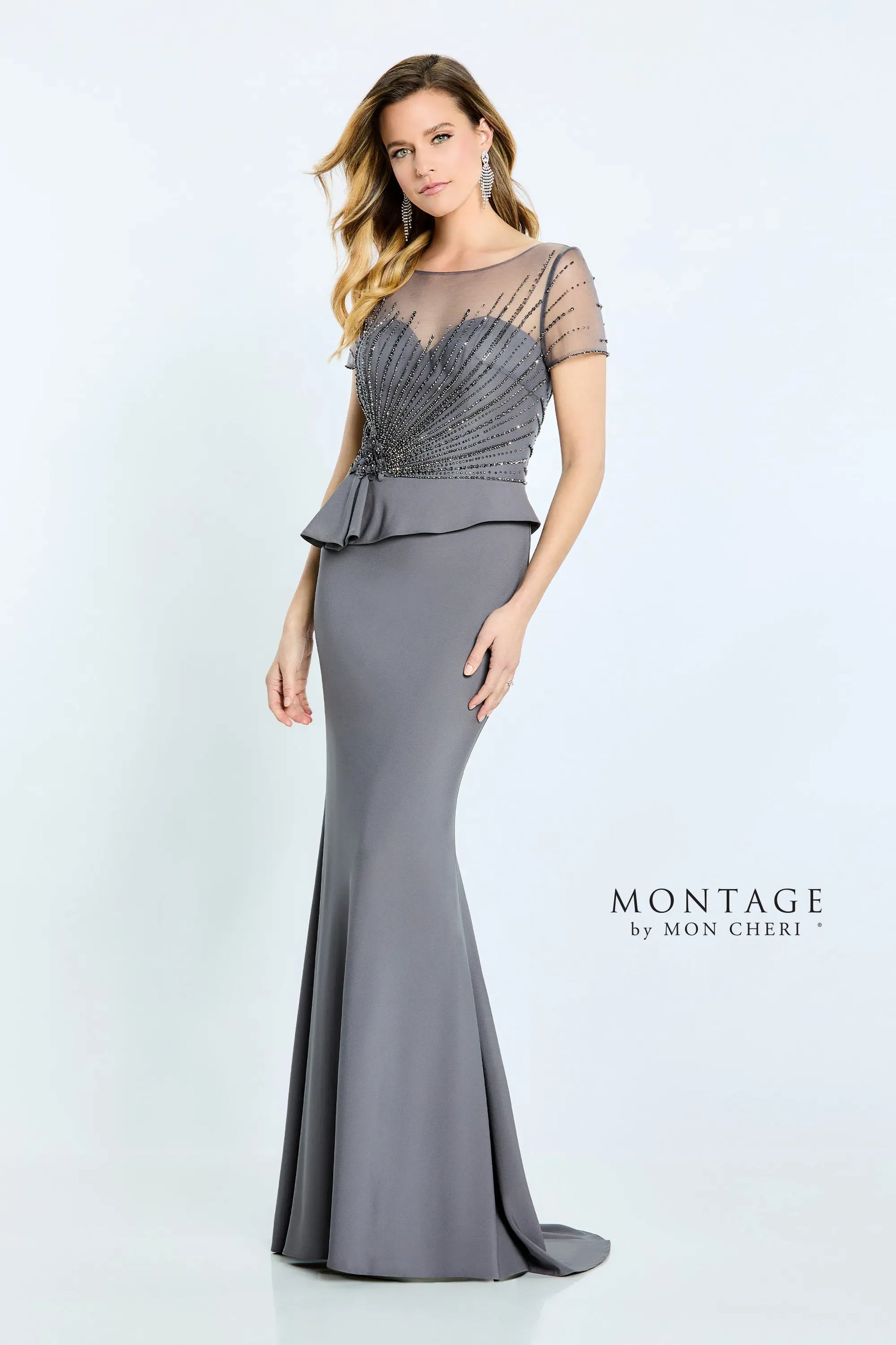 Montage M500 Beaded Long Formal Pleated Peplum Dress
