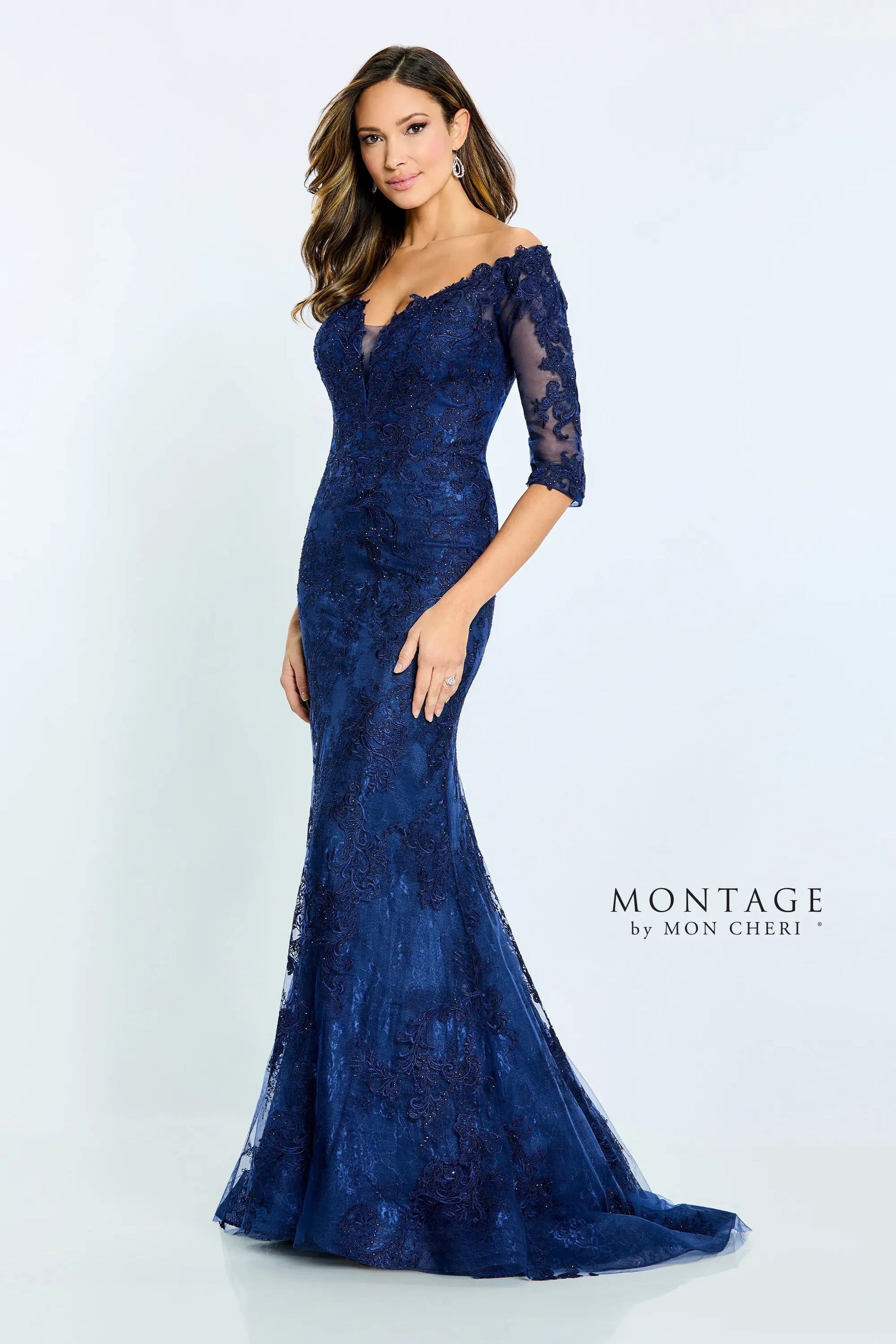 Montage M510 Long Fitted Formal Beaded Lace Evening Dress