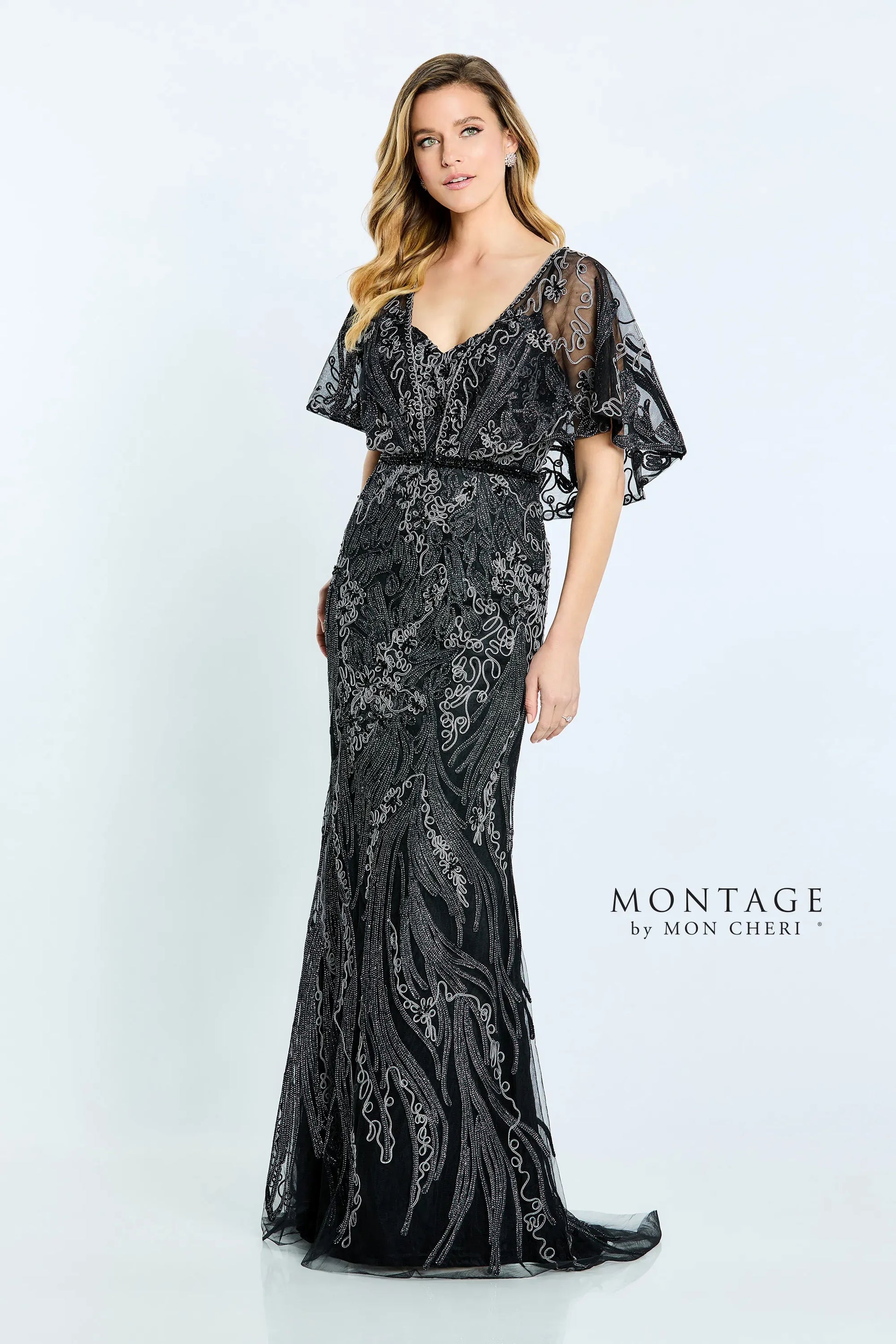 Montage M511 Long Formal Detachable Capelet Lace Dress