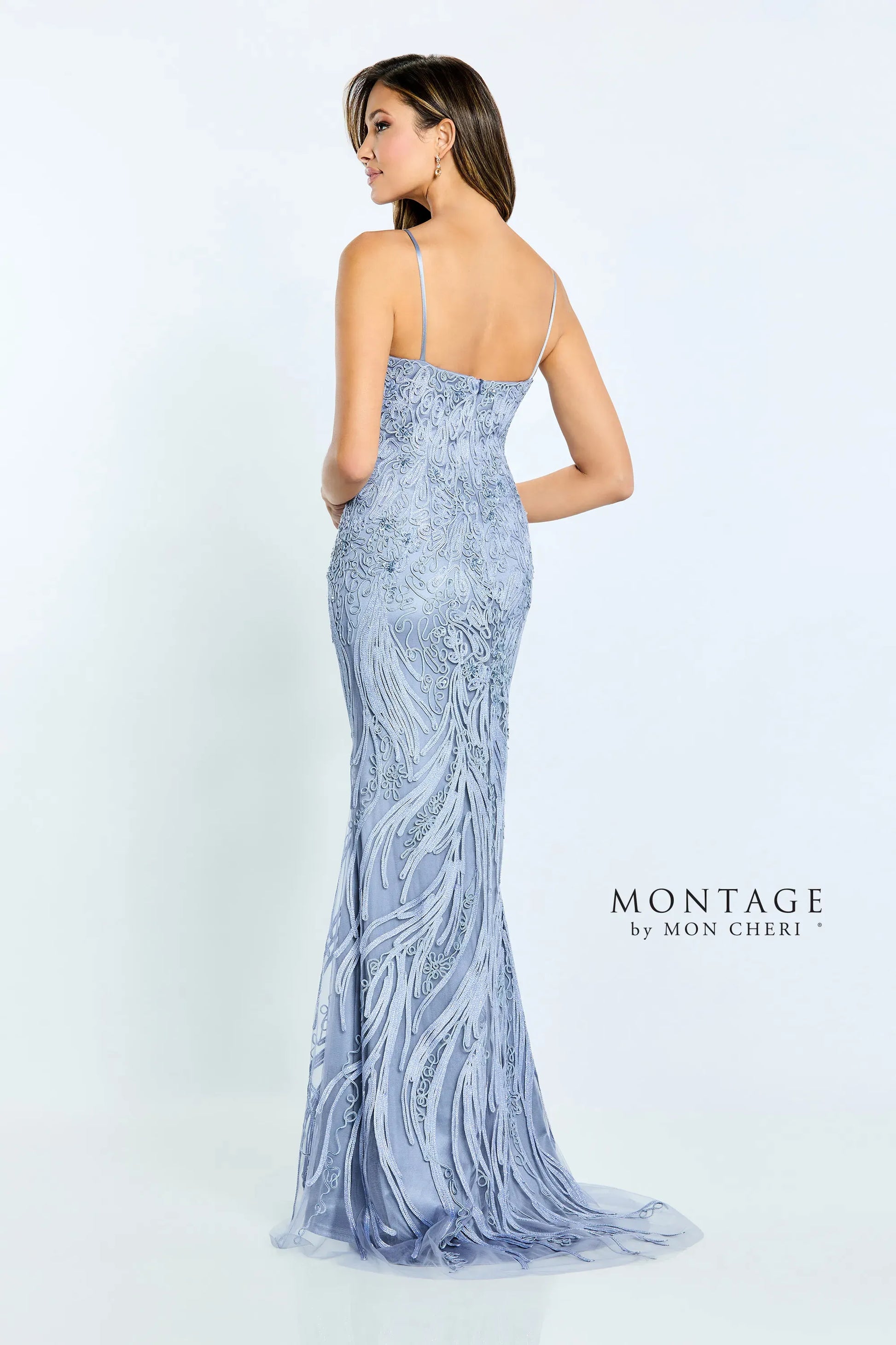 Montage M511 Long Formal Detachable Capelet Lace Dress