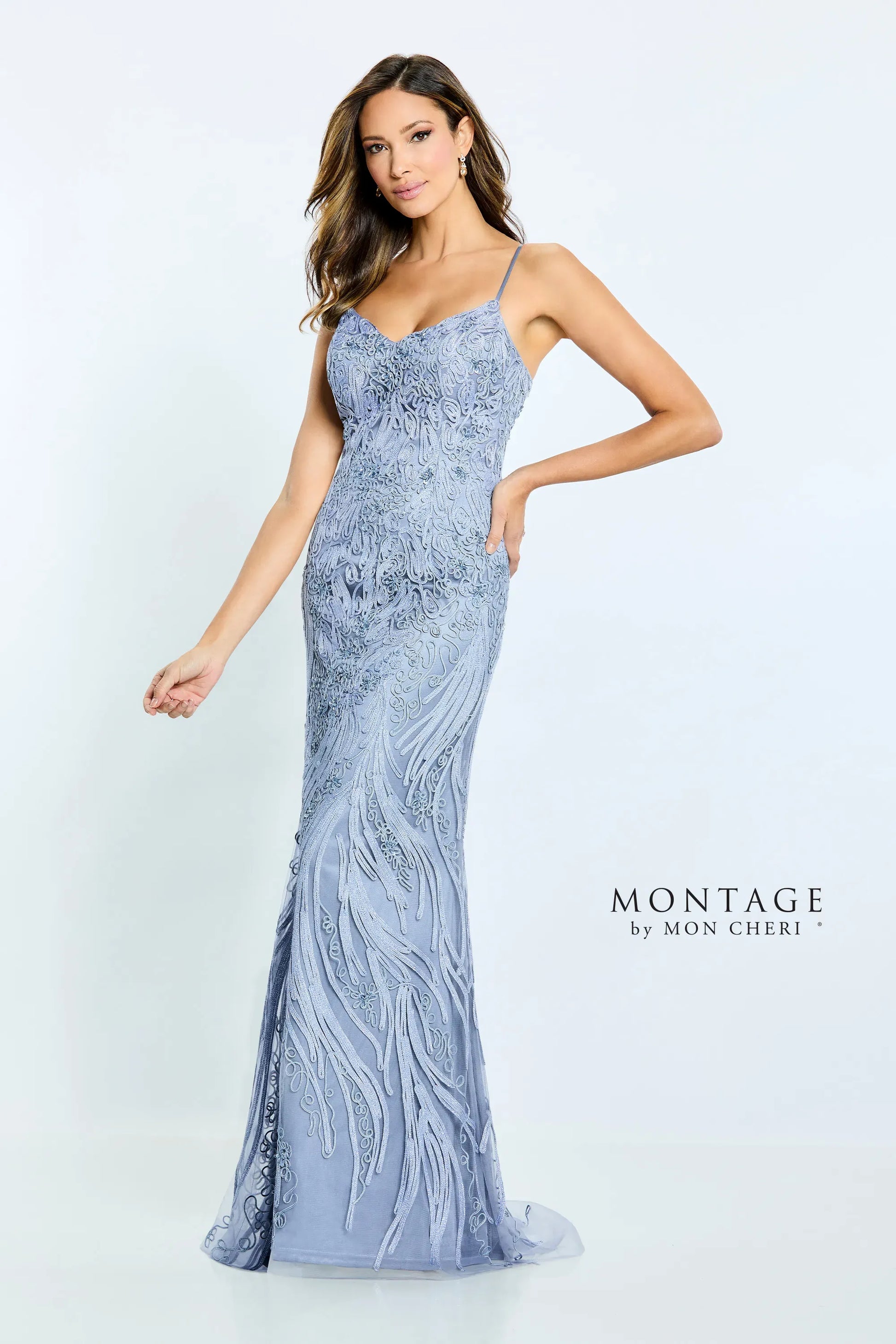 Montage M511 Long Formal Detachable Capelet Lace Dress
