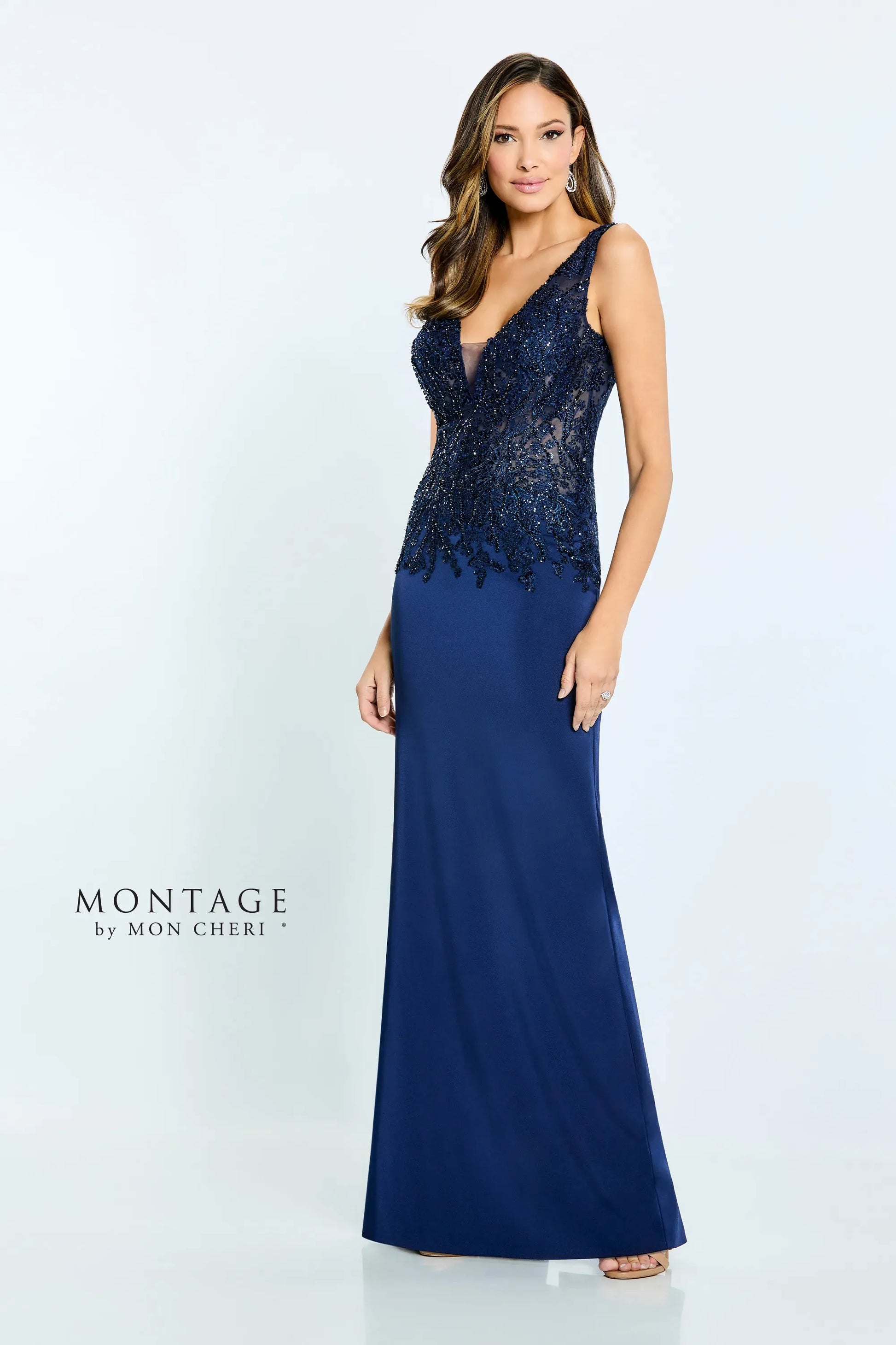 Montage M512 Beaded Long Fitted Formal Removable Sleeve Dress