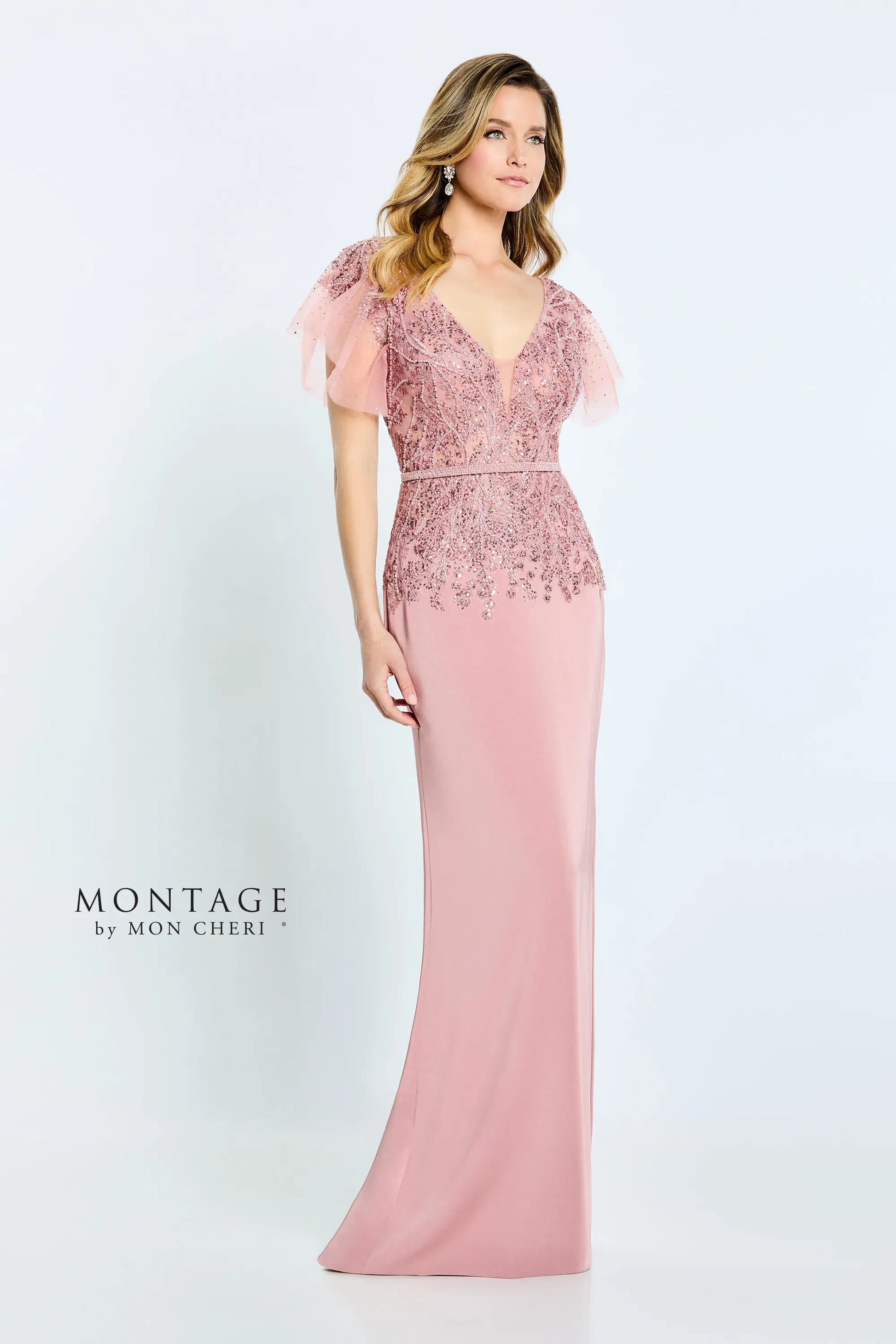 Montage M512 Beaded Long Fitted Formal Removable Sleeve Dress