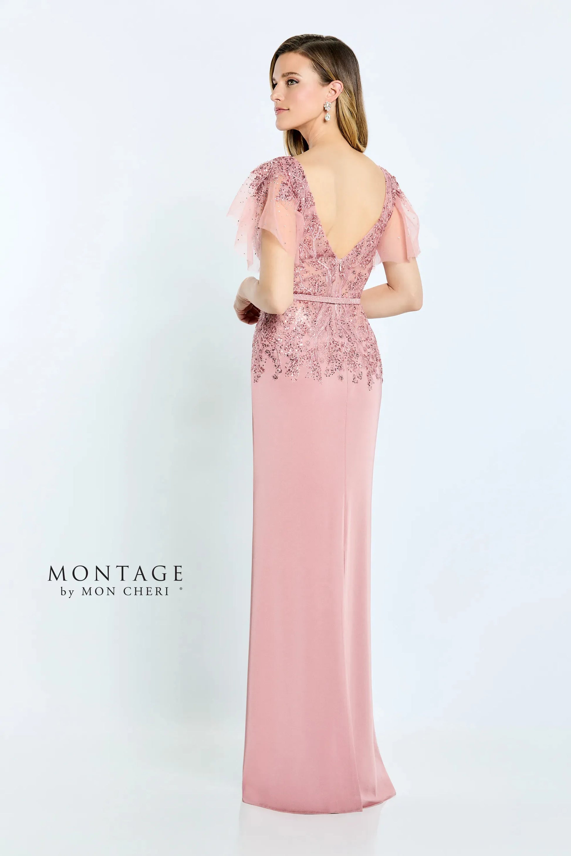 Montage M512 Beaded Long Fitted Formal Removable Sleeve Dress