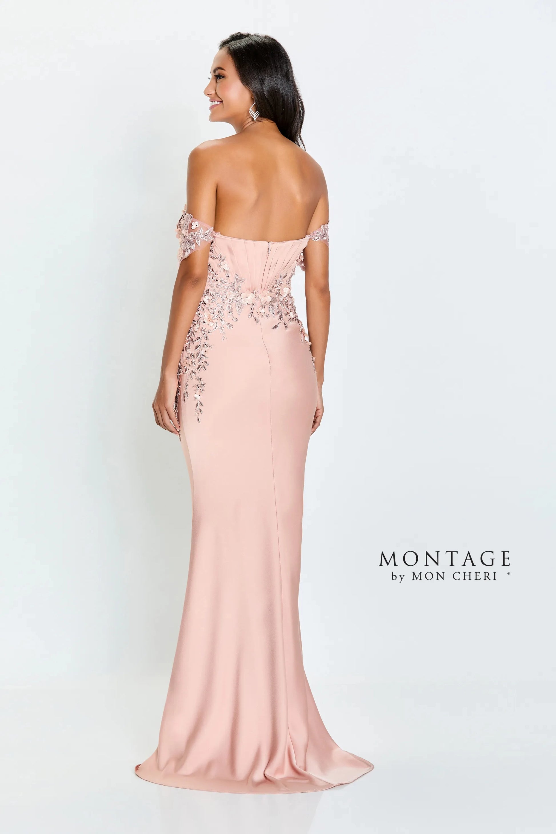 Montage M521 Beaded Long Formal 3D Floral Applique Evening Dress