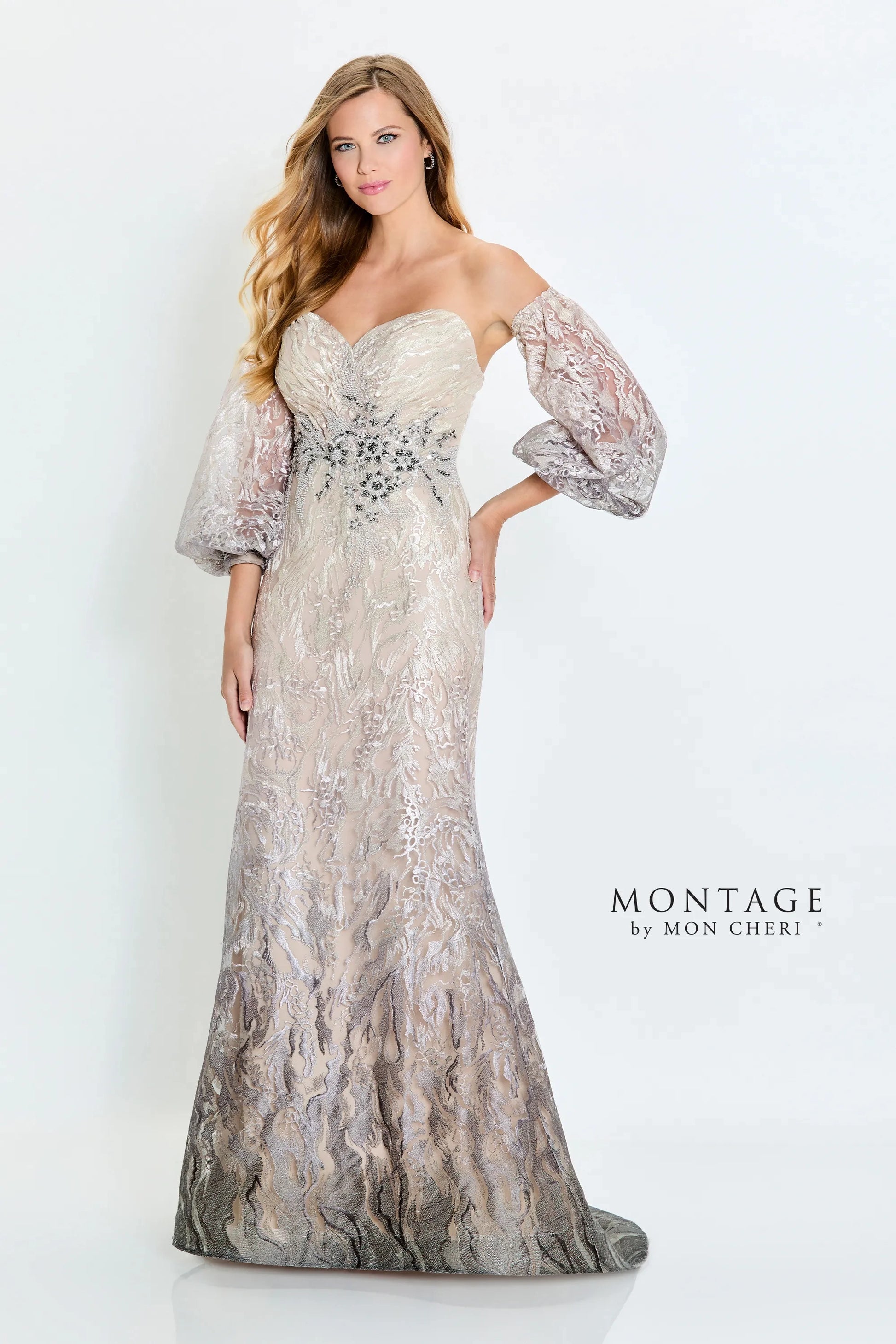 Montage M523 Long Evening Gown Detachable Sleeve Formal Dress